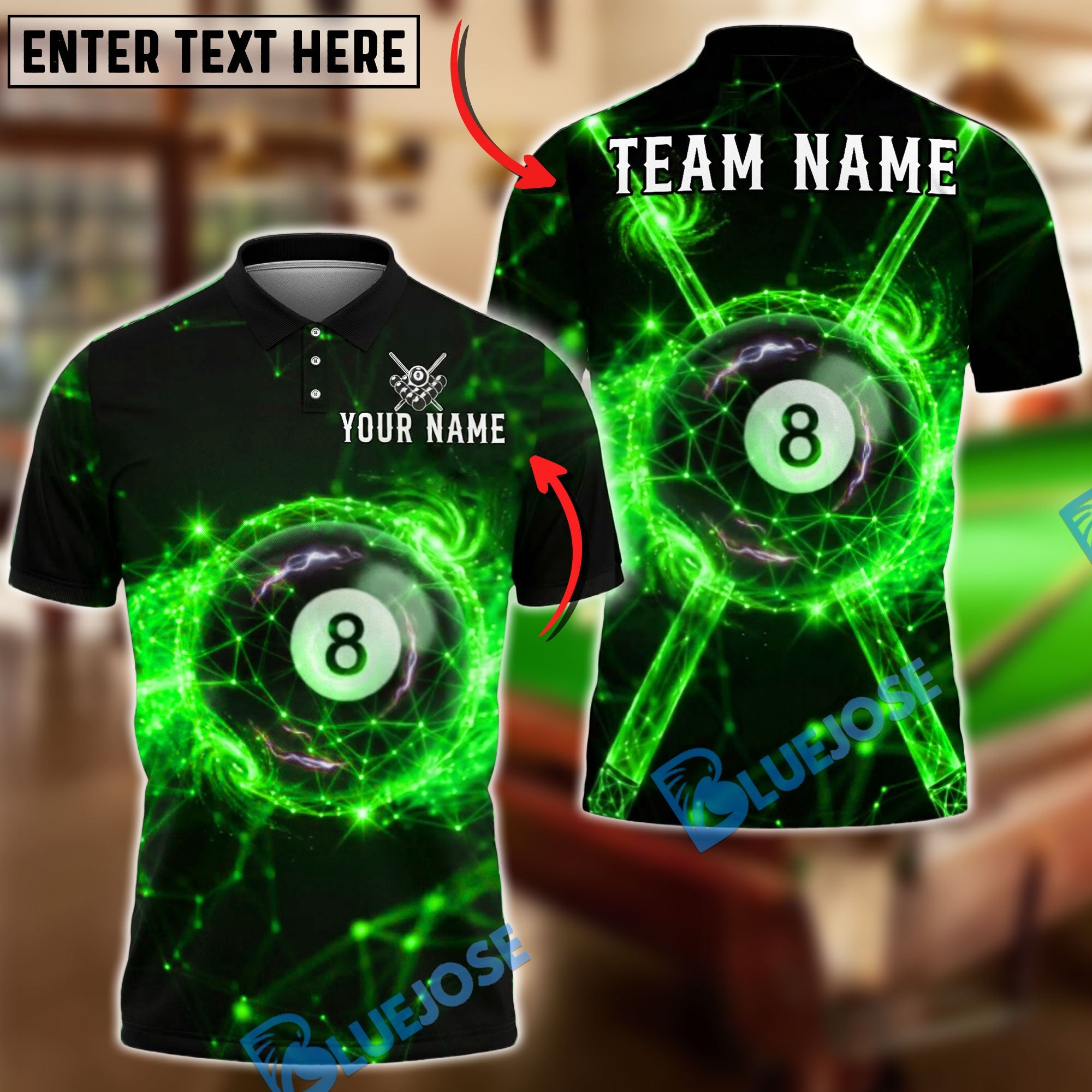 BlueJose Billiards 8 Ball Neon Galaxy Cross Cue Graphic Personalized Name Shirt (4 Colors)