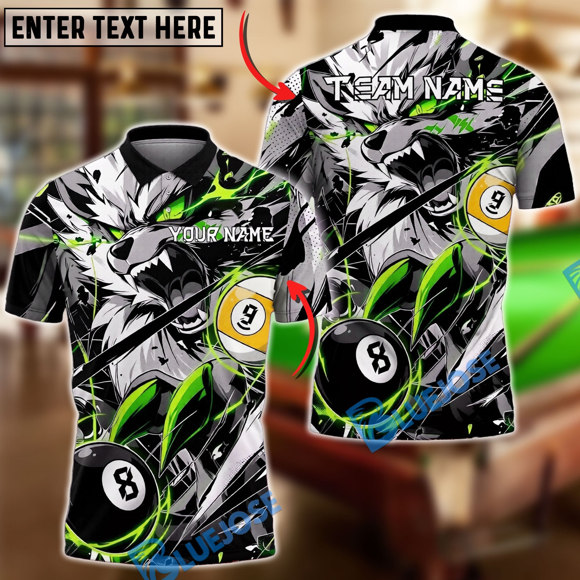 BlueJose Billiards Ball 8&9 Wolf Neon Aggressive Graphic Personalized Name Shirt (4 Colors)