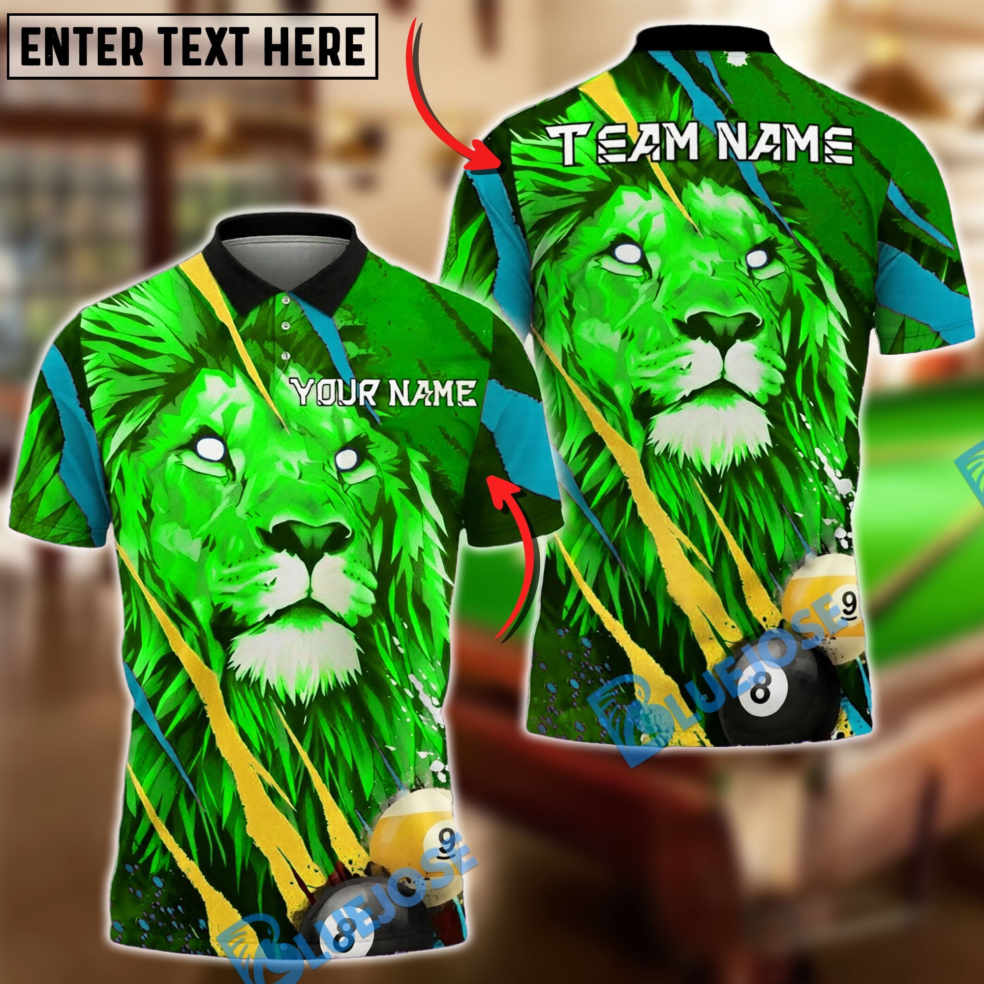 BlueJose Billiards Ball 8&9 Lion Artistic Splash Modern Design Personalized Name Shirt (4 Colors)