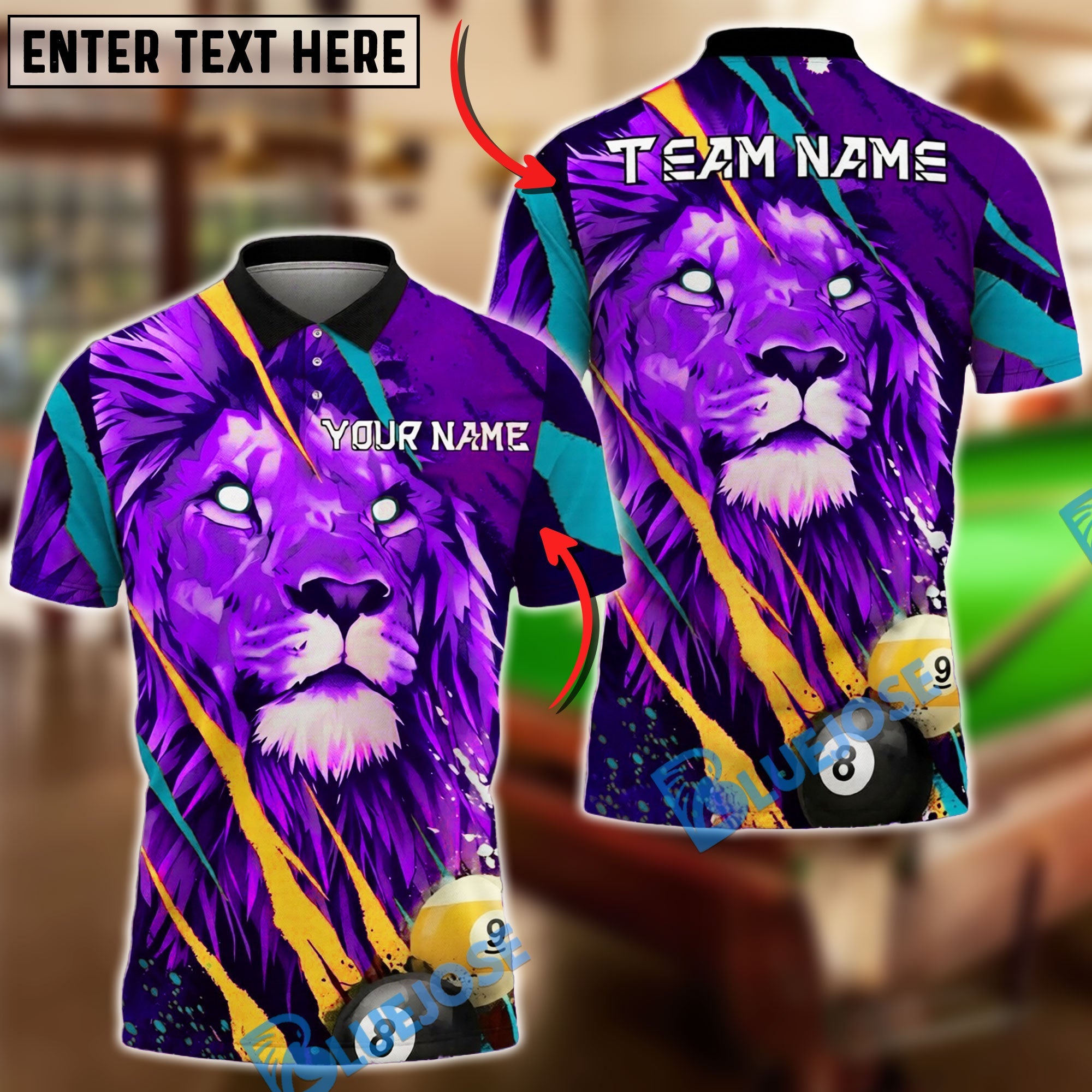 BlueJose Billiards Ball 8&9 Lion Artistic Splash Modern Design Personalized Name Shirt (4 Colors)
