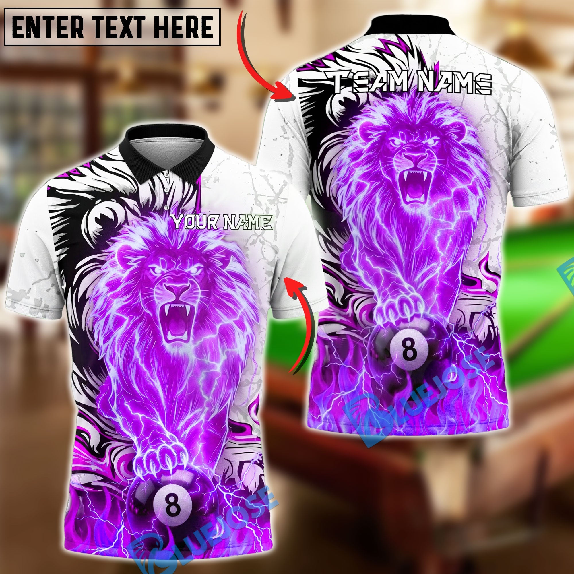 BlueJose Billiards Ball 8 Lion Electric Lightning Power Design Personalized Name Shirt (4 Colors)
