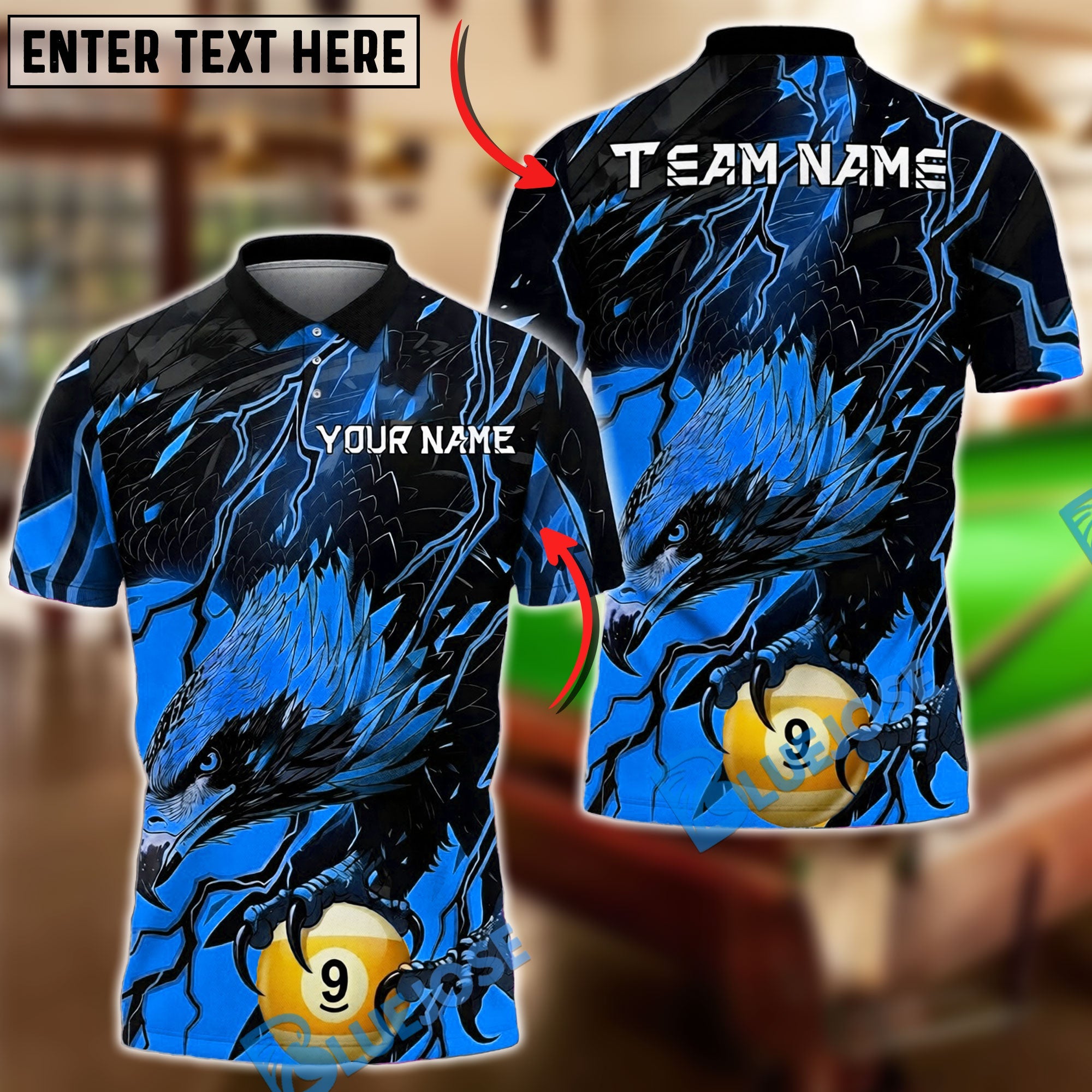 BlueJose Billiards Ball 9 Eagle Lightning Black Fierce Design Personalized Name Shirt (6 Colors)