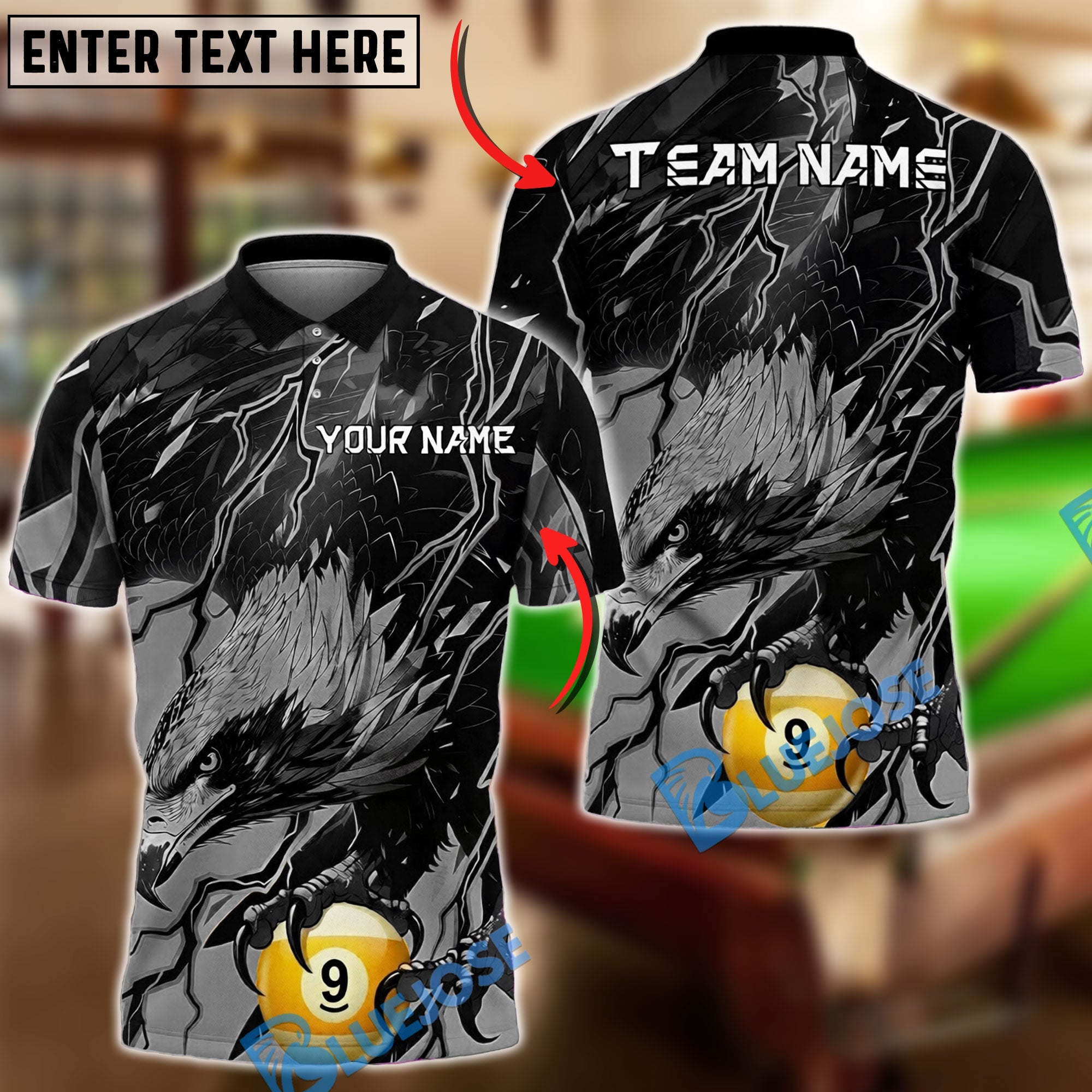BlueJose Billiards Ball 9 Eagle Lightning Black Fierce Design Personalized Name Shirt (6 Colors)