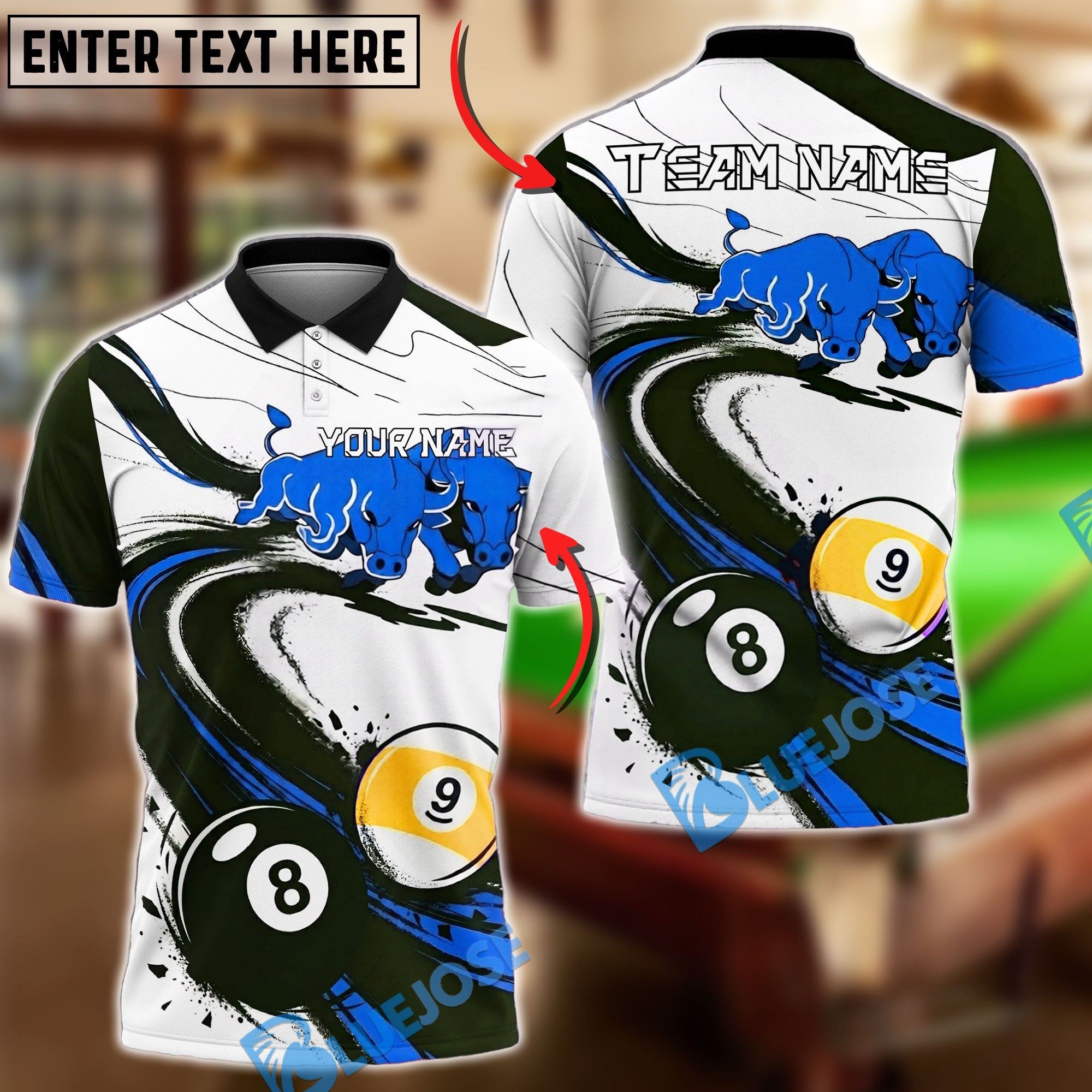 BlueJose Billiards Ball 8 Ball 9 Bull Power Motion Dynamic Design Personalized Name Shirt (4 Colors)