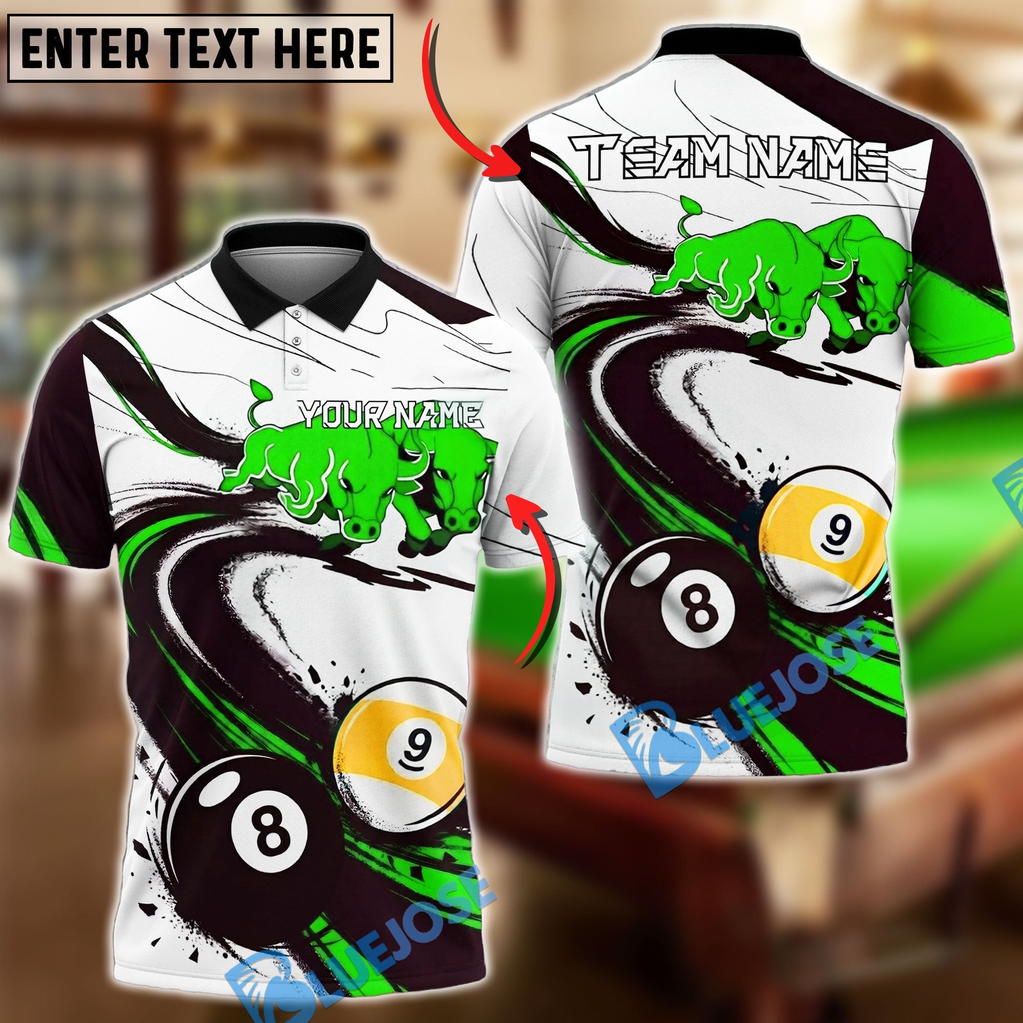 BlueJose Billiards Ball 8 Ball 9 Bull Power Motion Dynamic Design Personalized Name Shirt (4 Colors)