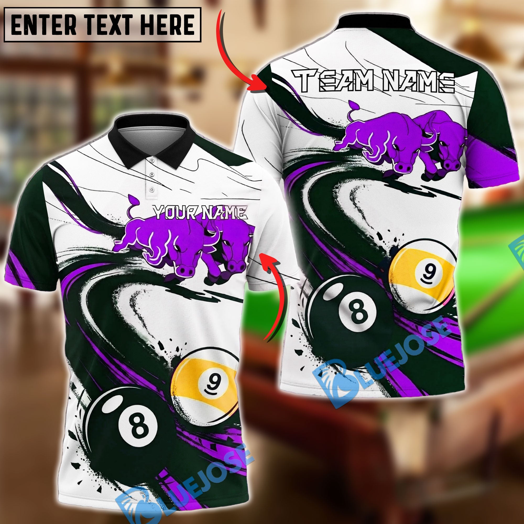 BlueJose Billiards Ball 8 Ball 9 Bull Power Motion Dynamic Design Personalized Name Shirt (4 Colors)