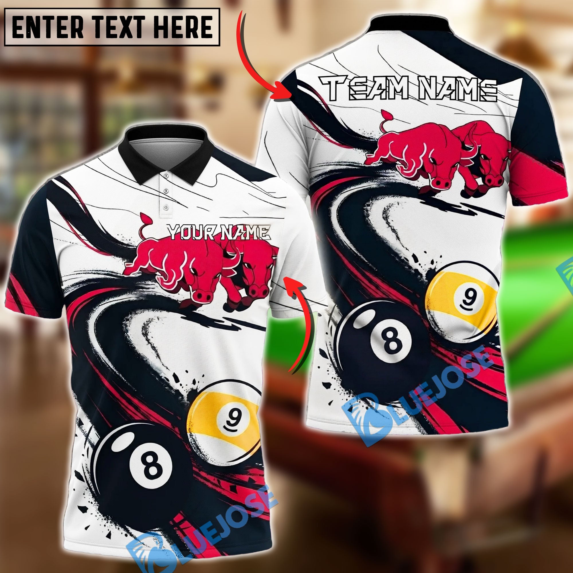 BlueJose Billiards Ball 8 Ball 9 Bull Power Motion Dynamic Design Personalized Name Shirt (4 Colors)