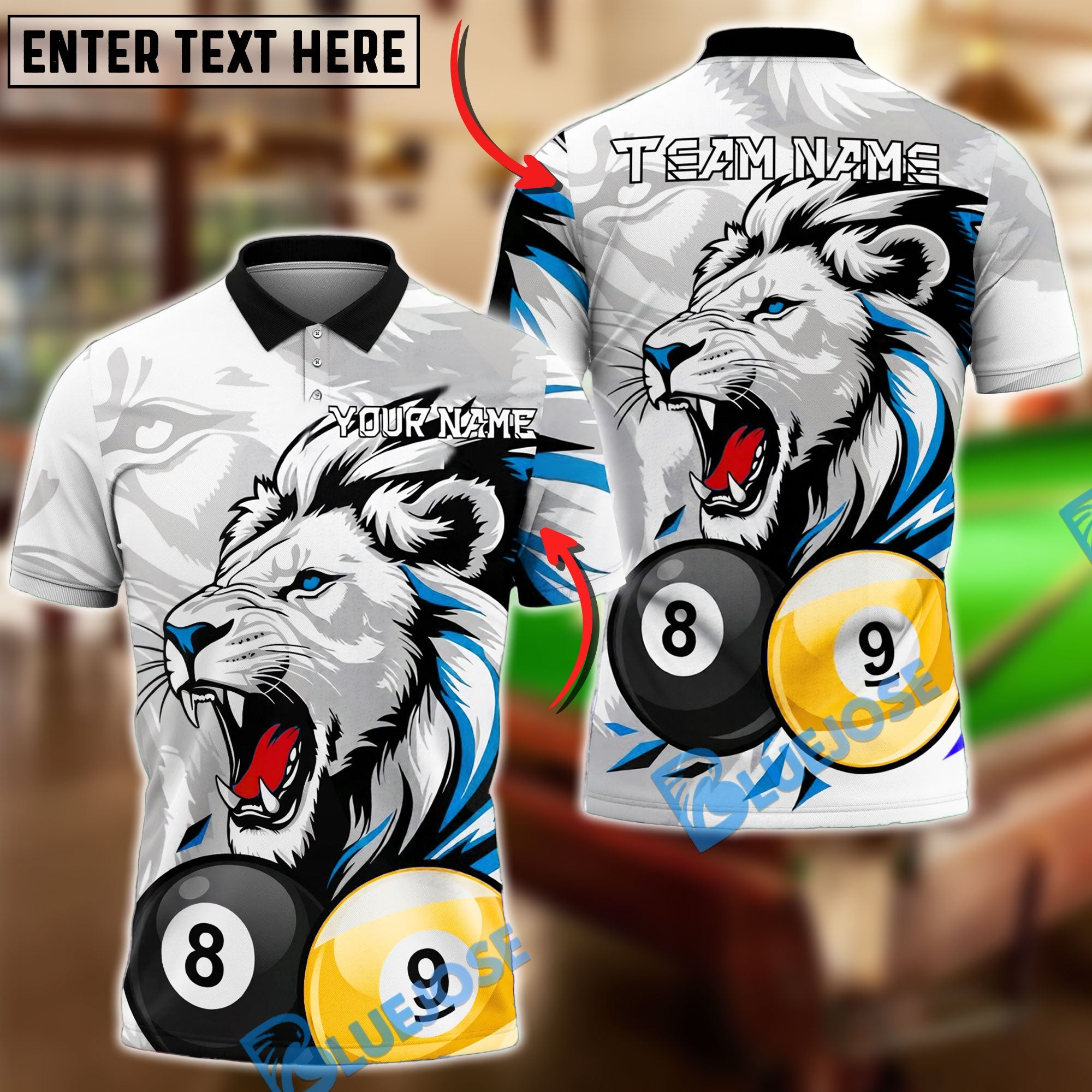 BlueJose Billiards Ball 8&9 Lion Accent Roaring Power Design Personalized Name Shirt (4 Colors)