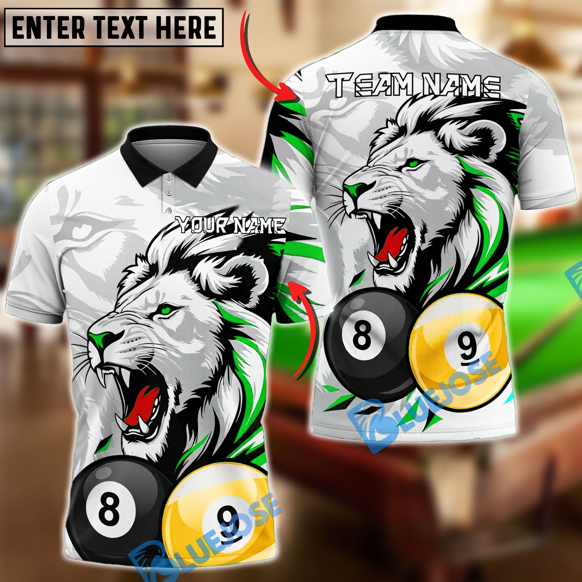 BlueJose Billiards Ball 8&9 Lion Accent Roaring Power Design Personalized Name Shirt (4 Colors)