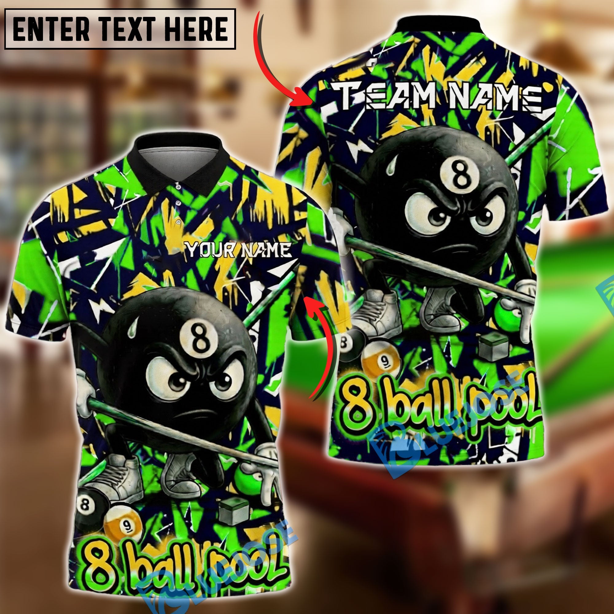 BlueJose Billiards Ball 8 Pool Street Graffiti Nervous Design Personalized Name Shirt (4 Colors)