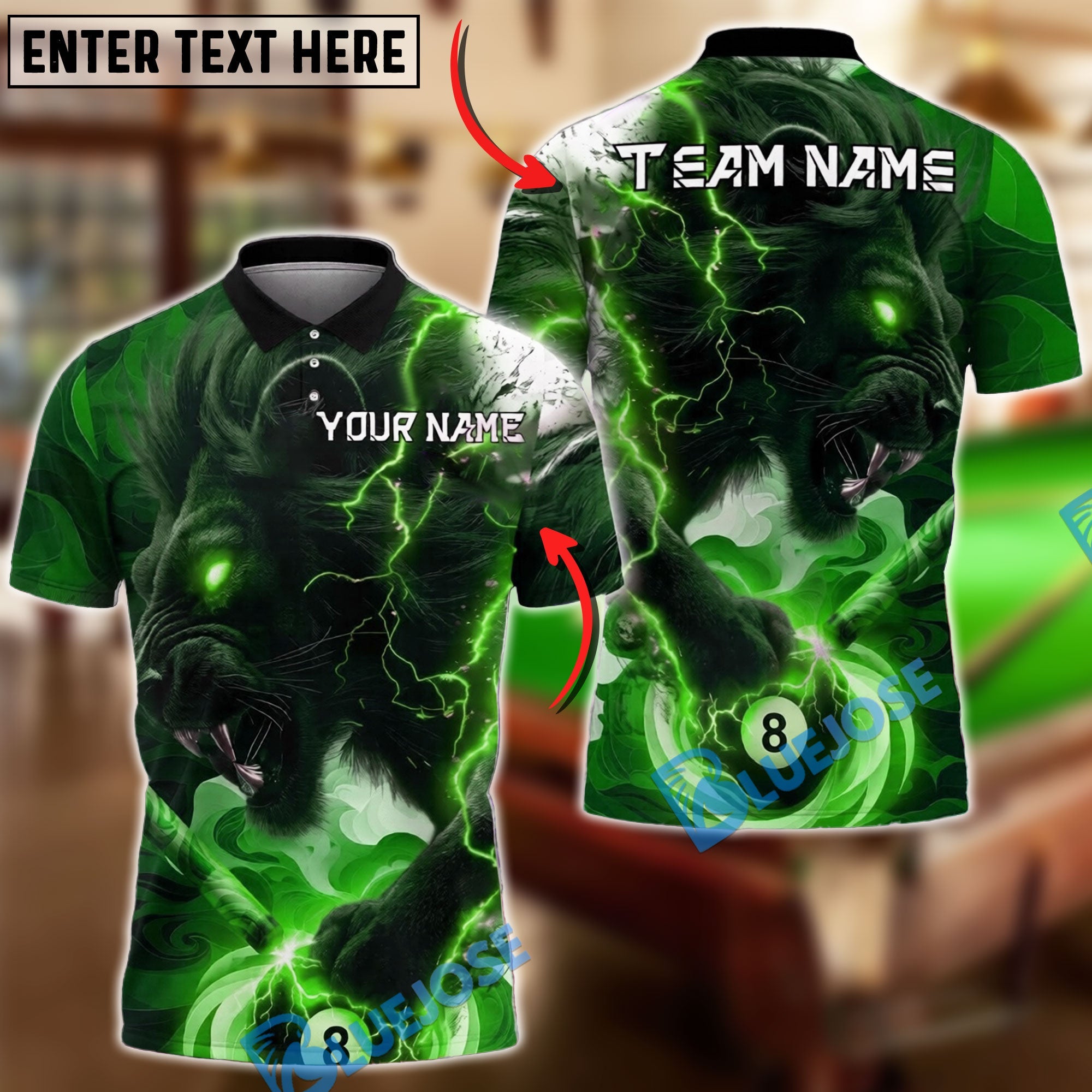 BlueJose Billiards Ball 8 Black Lion Lightning Fierce Power Design Personalized Name Shirt (4 Colors)