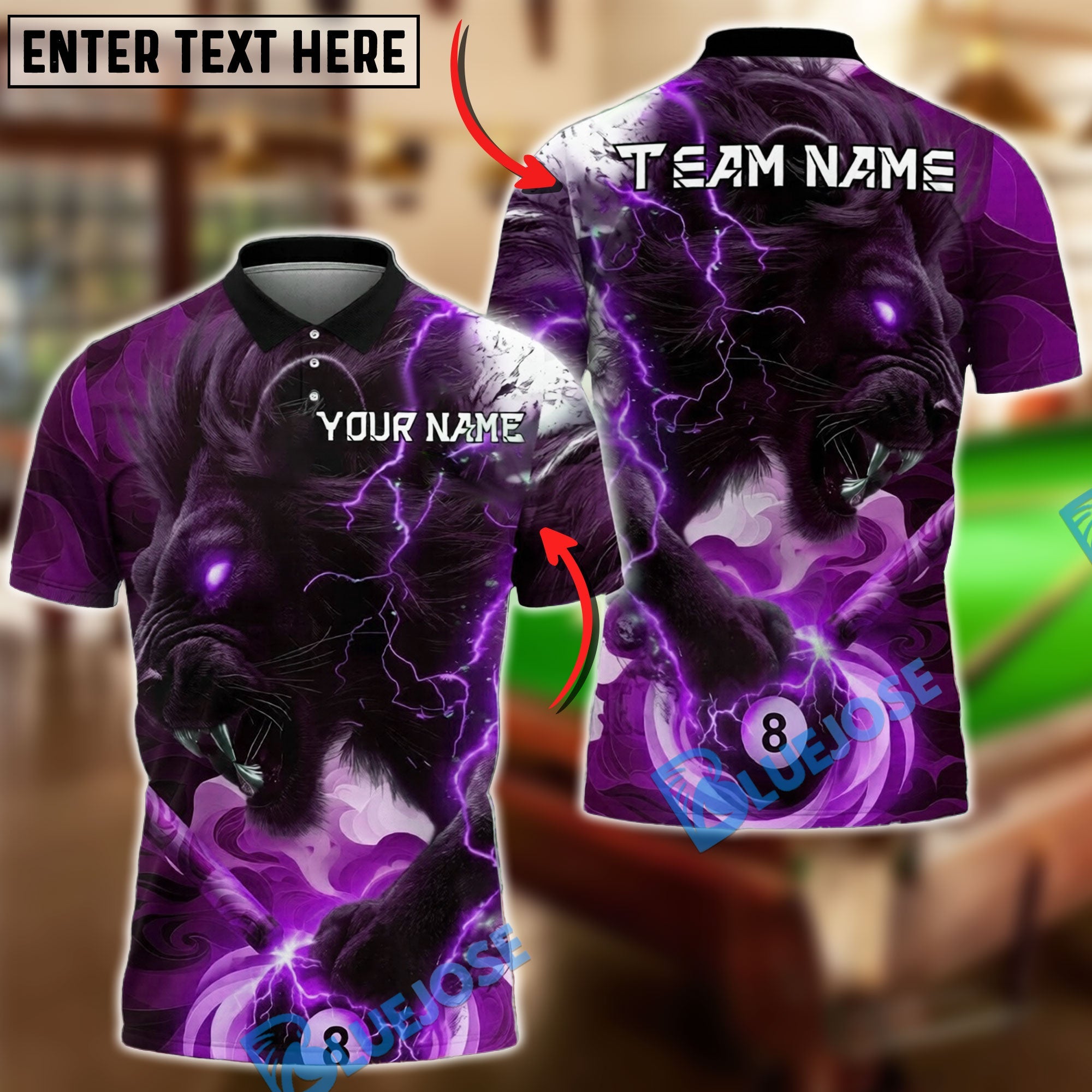 BlueJose Billiards Ball 8 Black Lion Lightning Fierce Power Design Personalized Name Shirt (4 Colors)