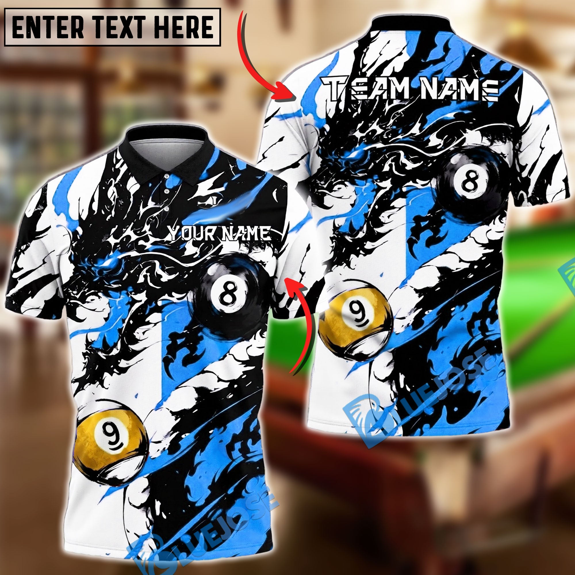 BlueJose Billiards Ball 8&9 Dragon Black Ink Splash Artistic Design Personalized Name Shirt (6 Colors)