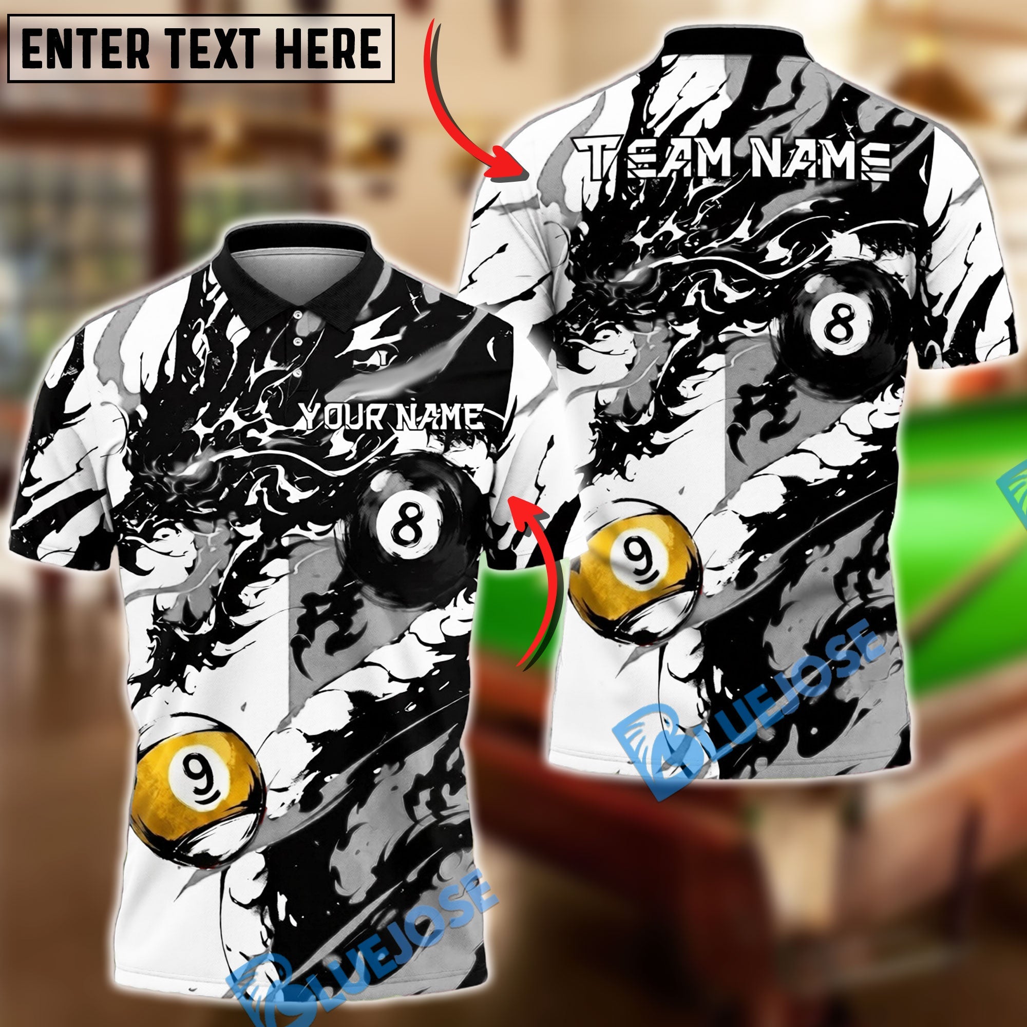 BlueJose Billiards Ball 8&9 Dragon Black Ink Splash Artistic Design Personalized Name Shirt (6 Colors)