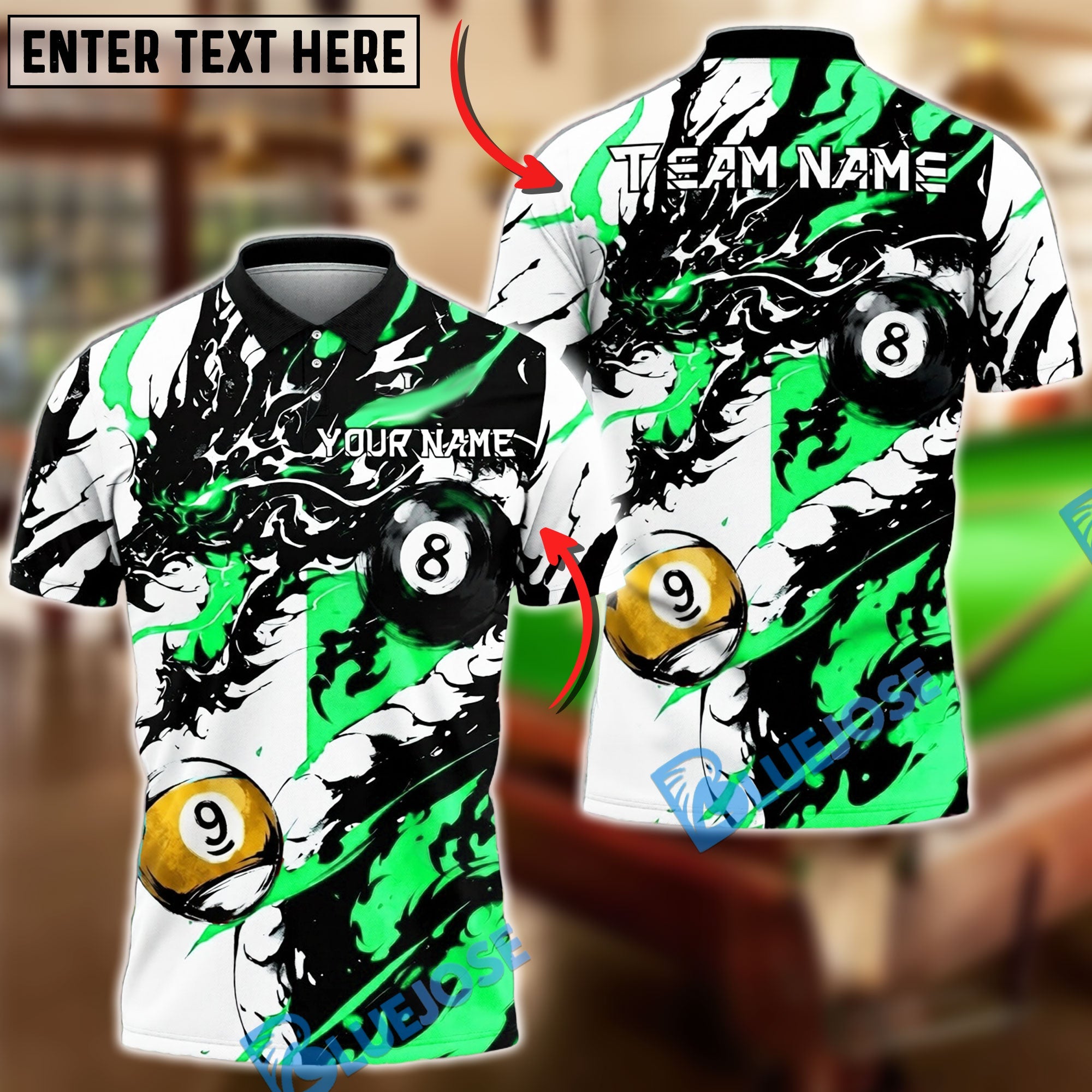 BlueJose Billiards Ball 8&9 Dragon Black Ink Splash Artistic Design Personalized Name Shirt (6 Colors)