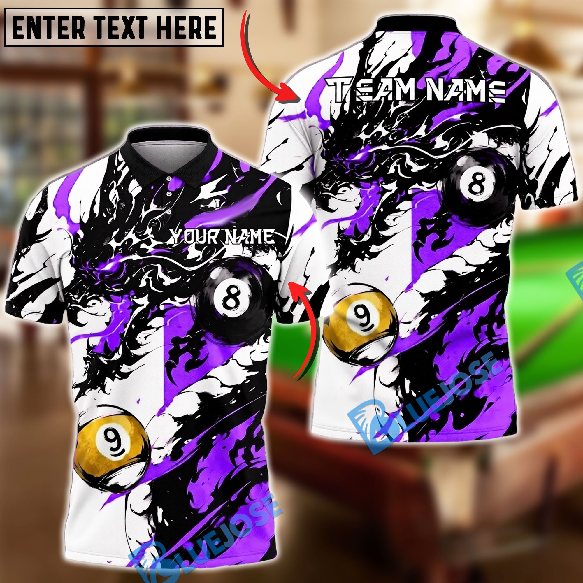 BlueJose Billiards Ball 8&9 Dragon Black Ink Splash Artistic Design Personalized Name Shirt (6 Colors)