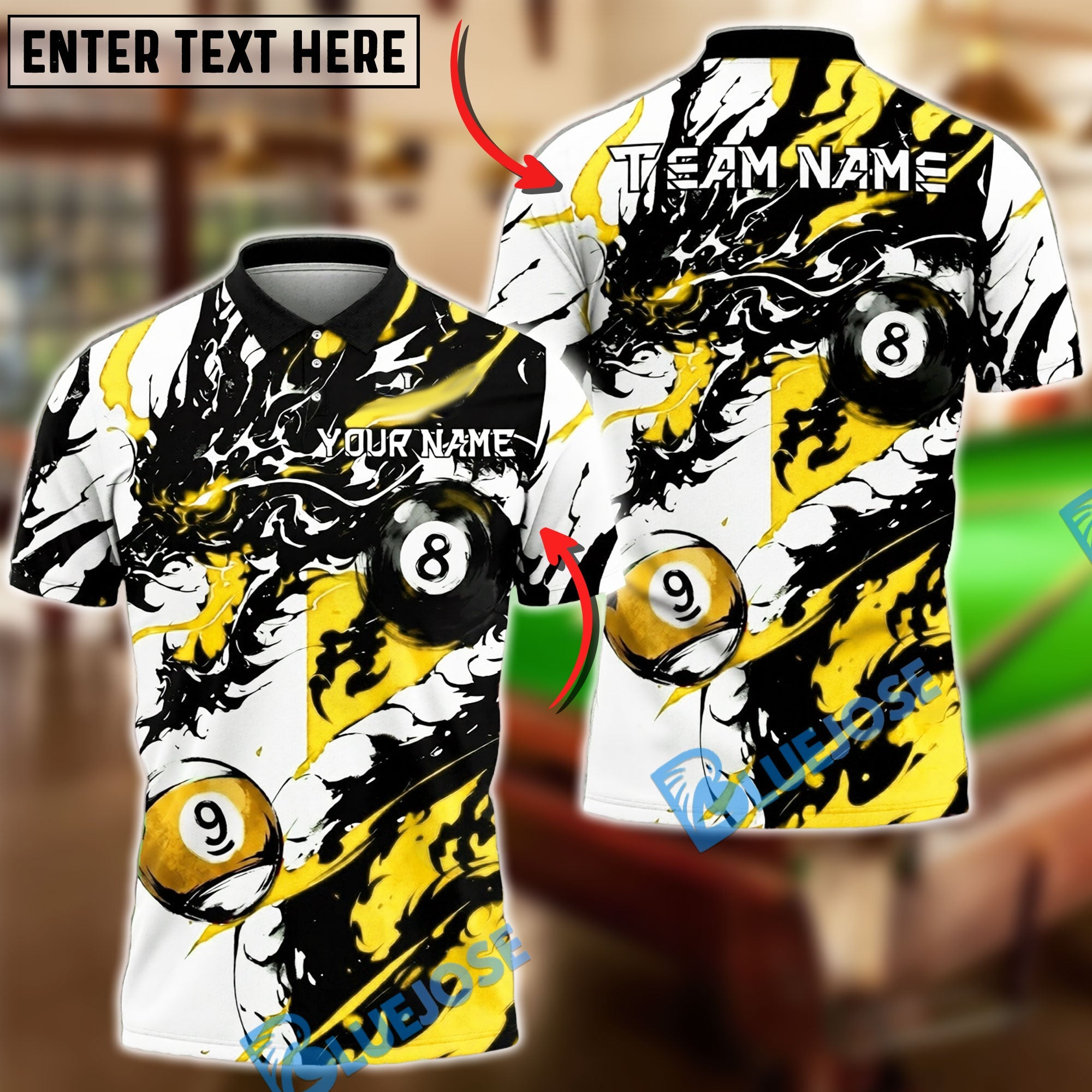 BlueJose Billiards Ball 8&9 Dragon Black Ink Splash Artistic Design Personalized Name Shirt (6 Colors)