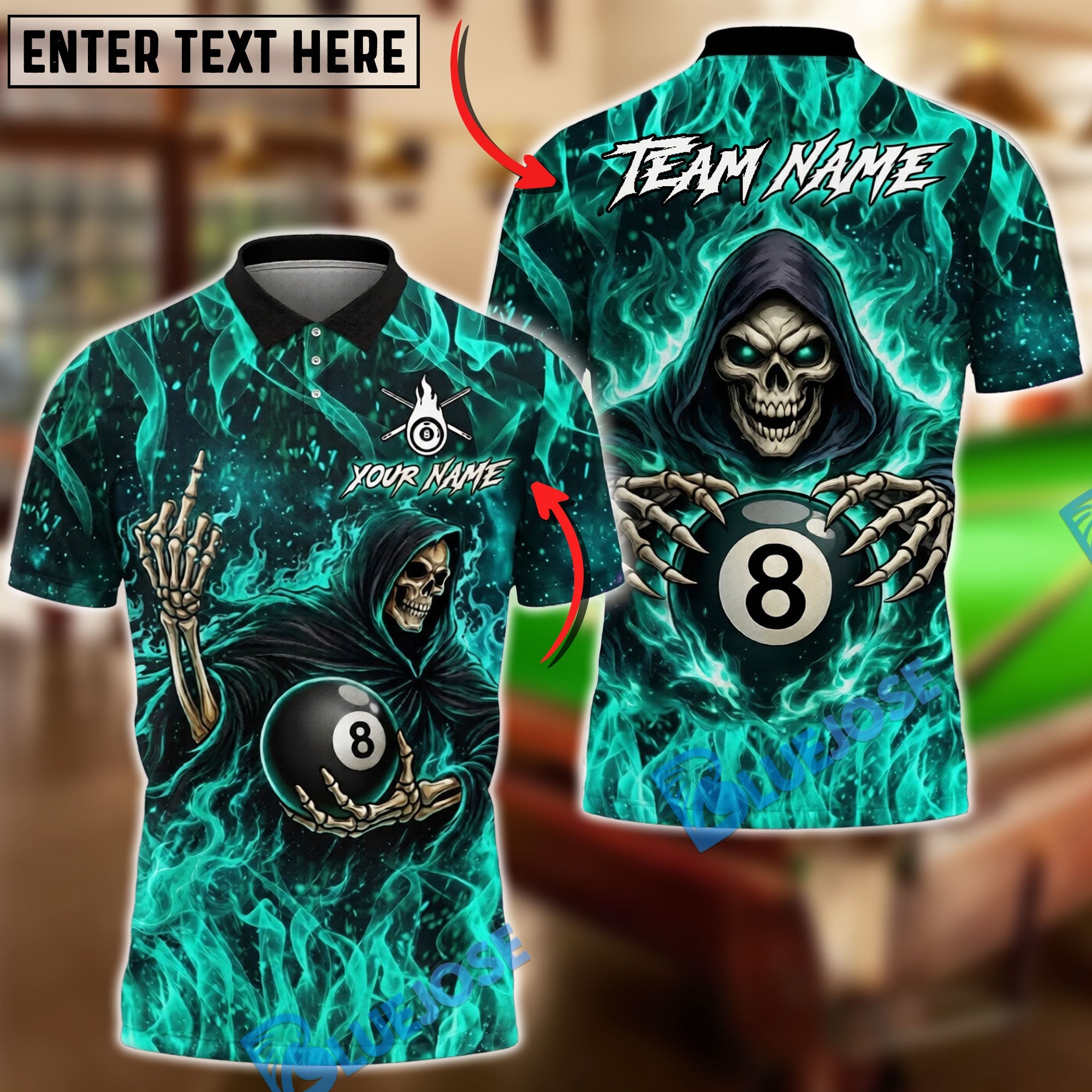BlueJose Billiards 8 Ball Grim Reaper Middle Finger Personalized Name Shirt (4 Colors)