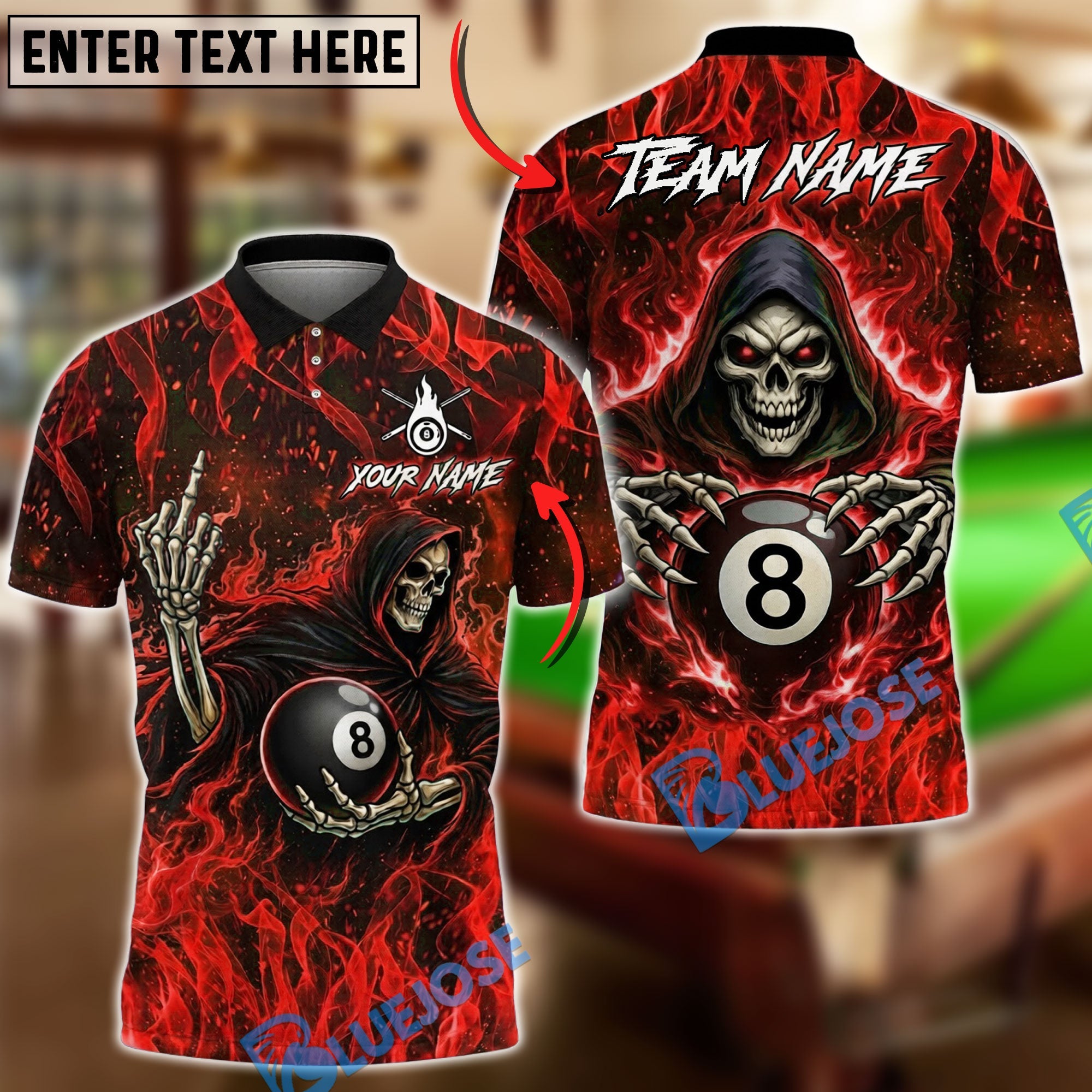 BlueJose Billiards 8 Ball Grim Reaper Middle Finger Personalized Name Shirt (4 Colors)