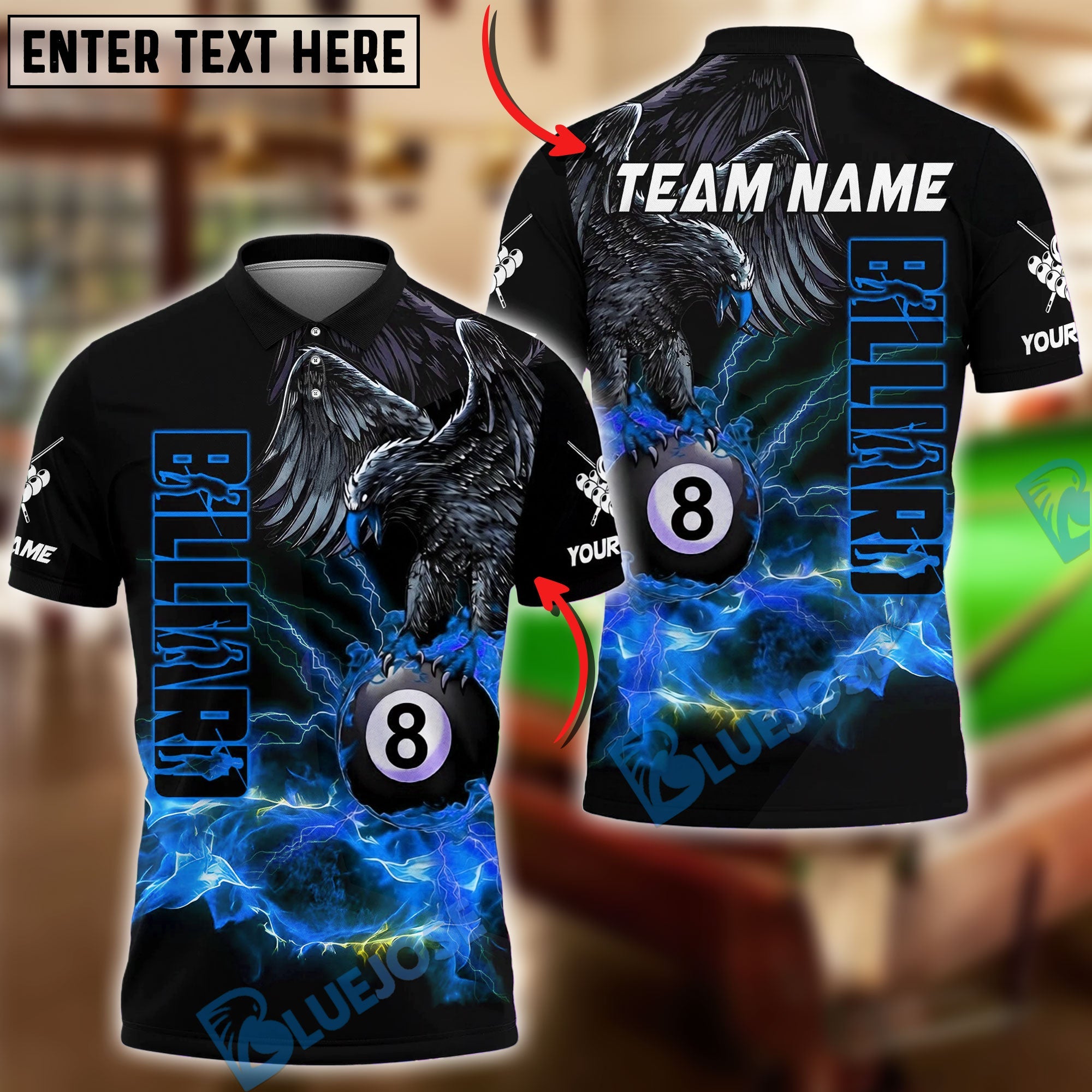 BlueJose Billiards Ball 8 Eagle Lightning Fire Power Design Personalized Name Shirt (4 Colors)