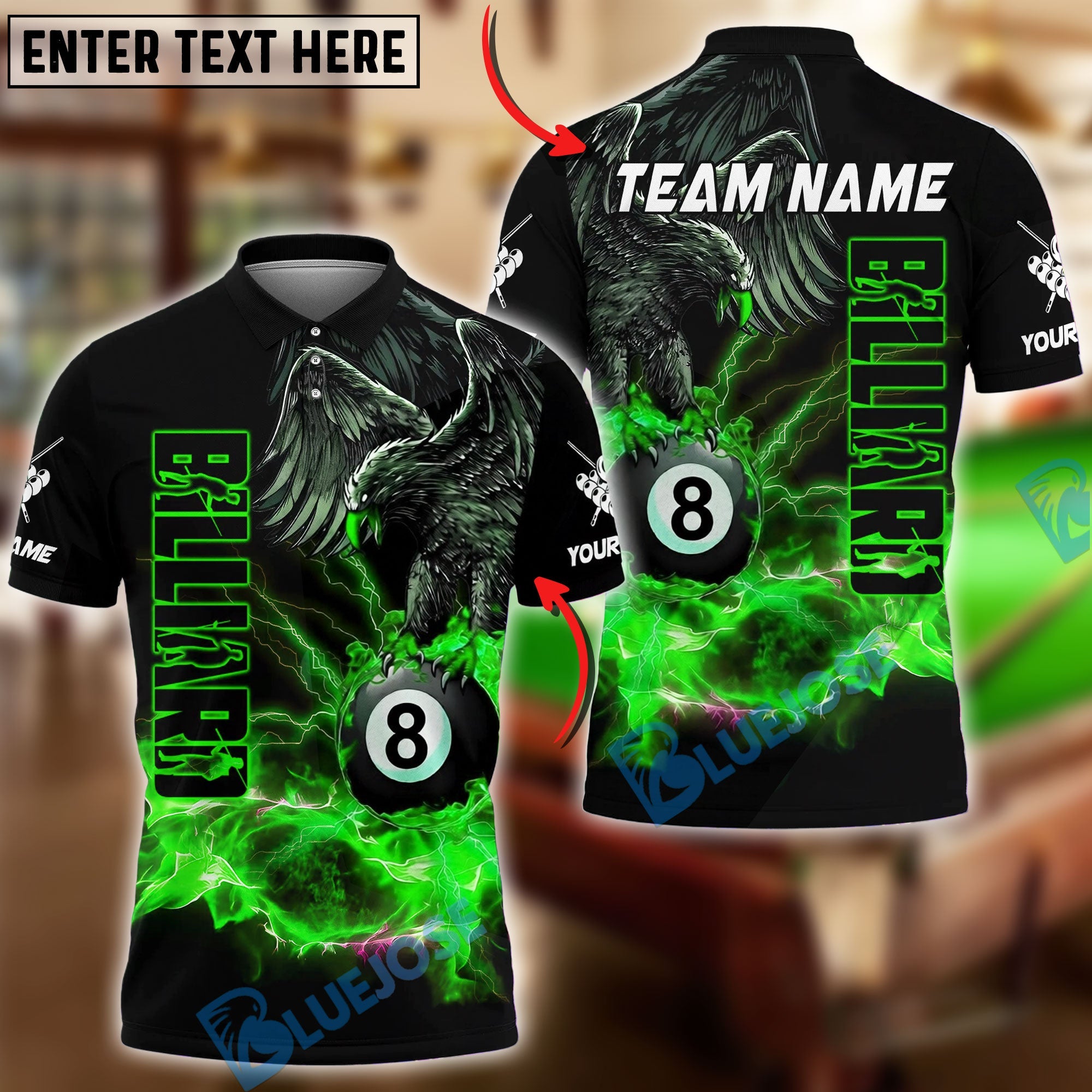 BlueJose Billiards Ball 8 Eagle Lightning Fire Power Design Personalized Name Shirt (4 Colors)