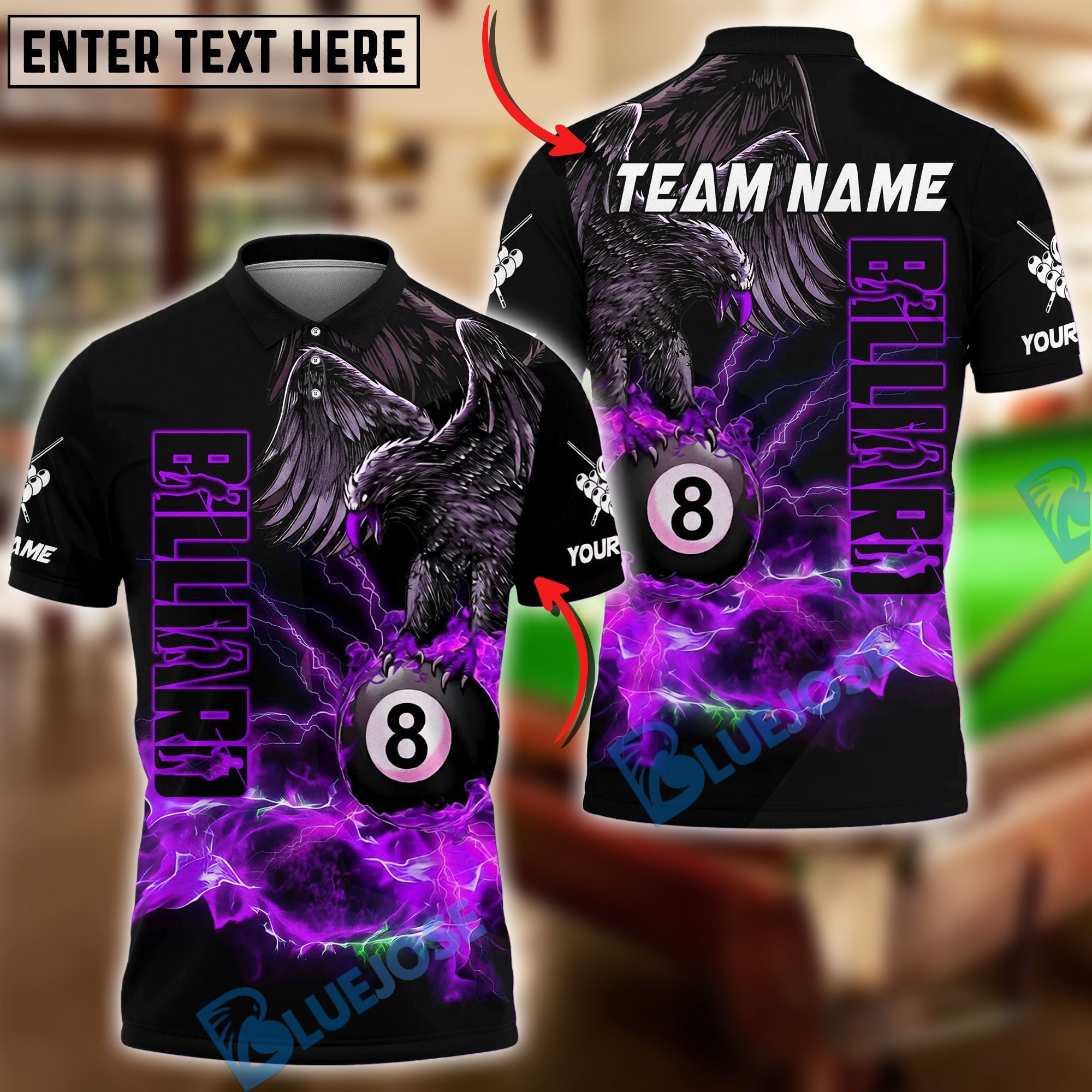 BlueJose Billiards Ball 8 Eagle Lightning Fire Power Design Personalized Name Shirt (4 Colors)