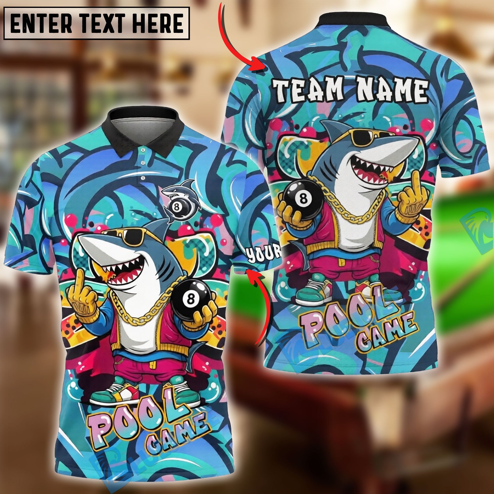 BlueJose Billiards Ball 8 Pool Game Cartoon Shark Graffiti Style Personalized Name Shirt (4 Colors)