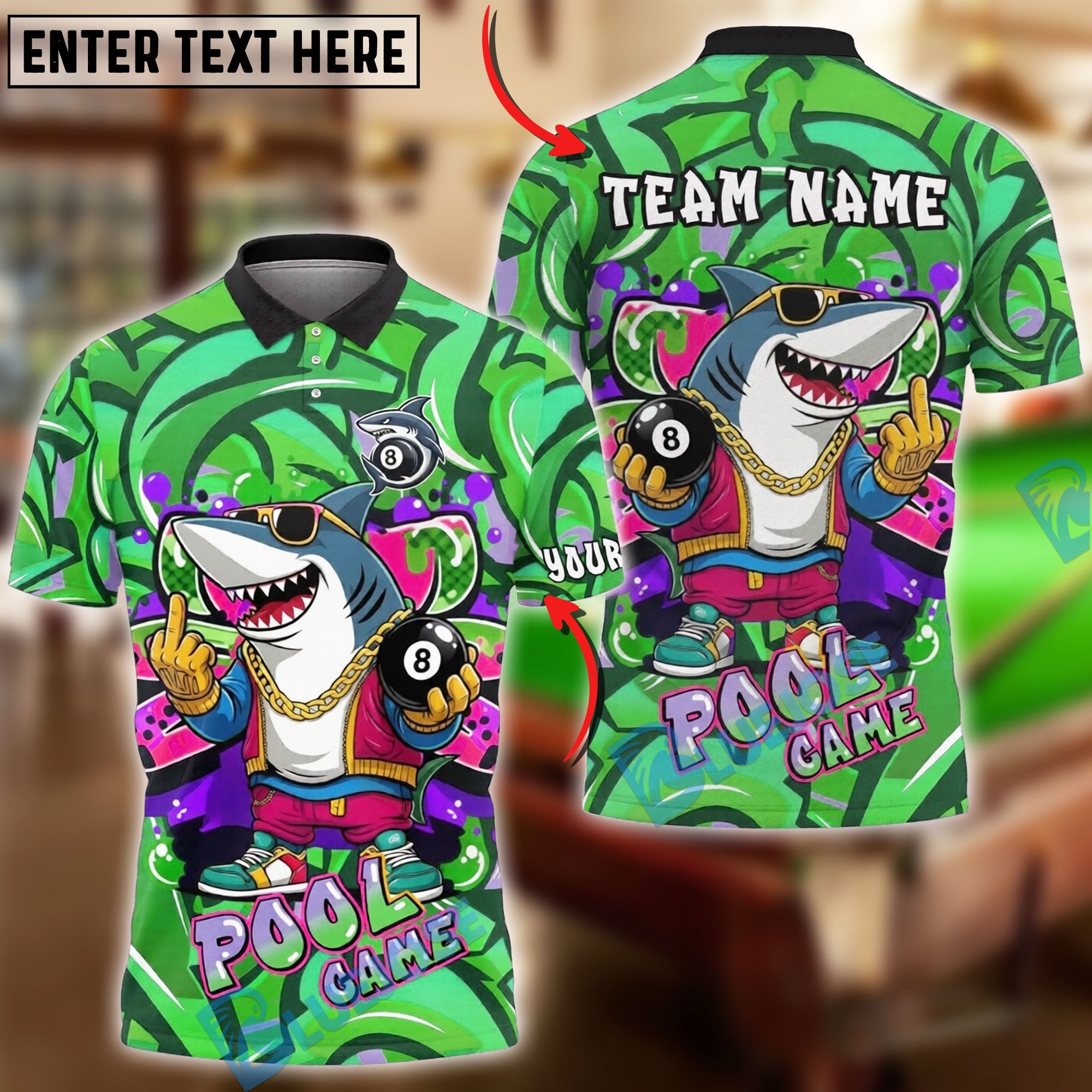 BlueJose Billiards Ball 8 Pool Game Cartoon Shark Graffiti Style Personalized Name Shirt (4 Colors)