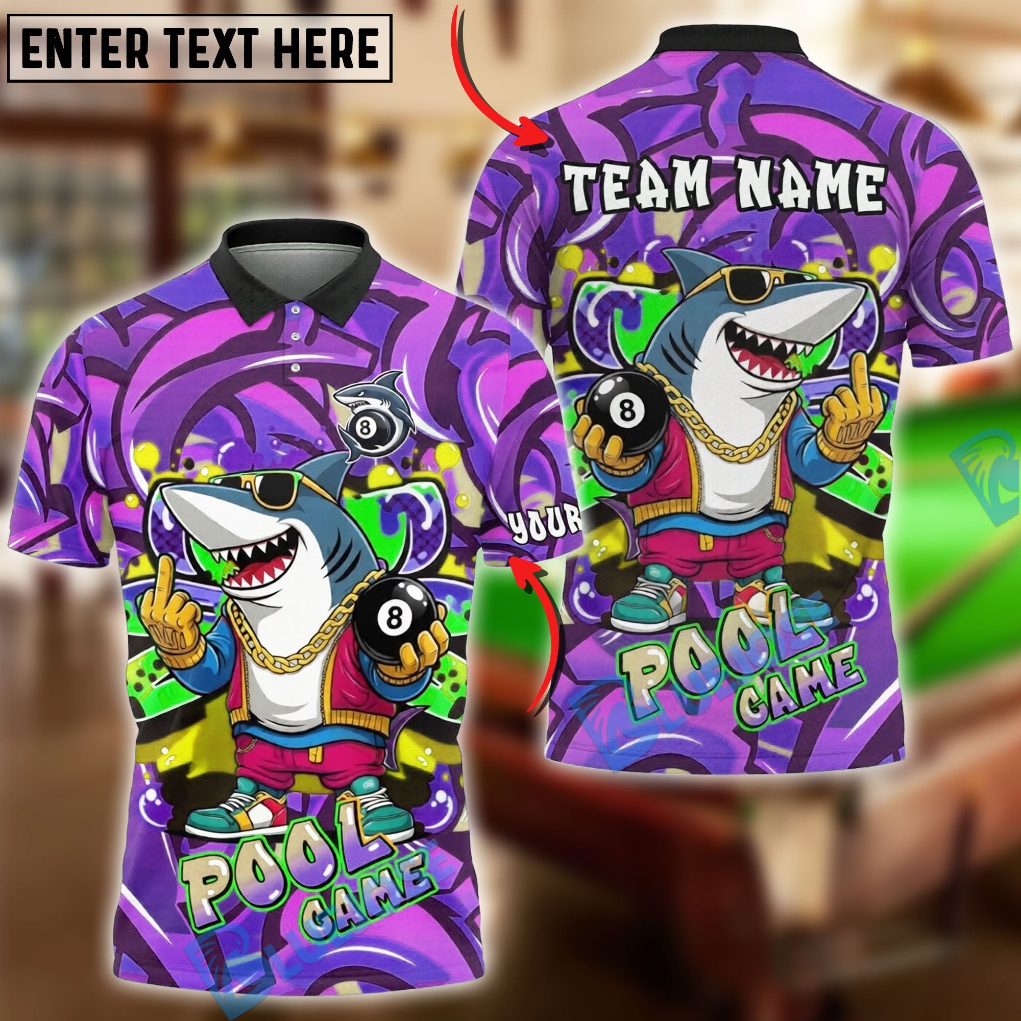 BlueJose Billiards Ball 8 Pool Game Cartoon Shark Graffiti Style Personalized Name Shirt (4 Colors)