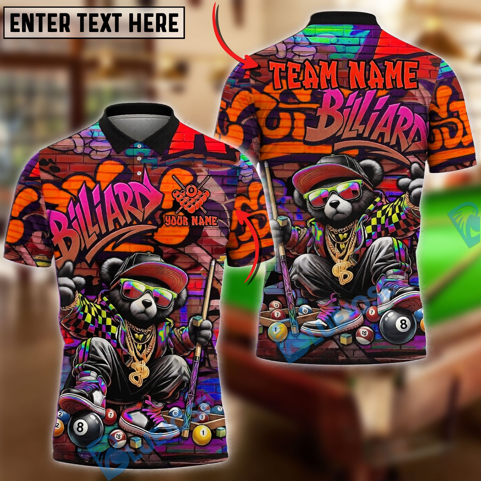 BlueJose Billiards Ball 8 Hip Hop Bear Graffiti Style Personalized Name Shirt (4 Colors)