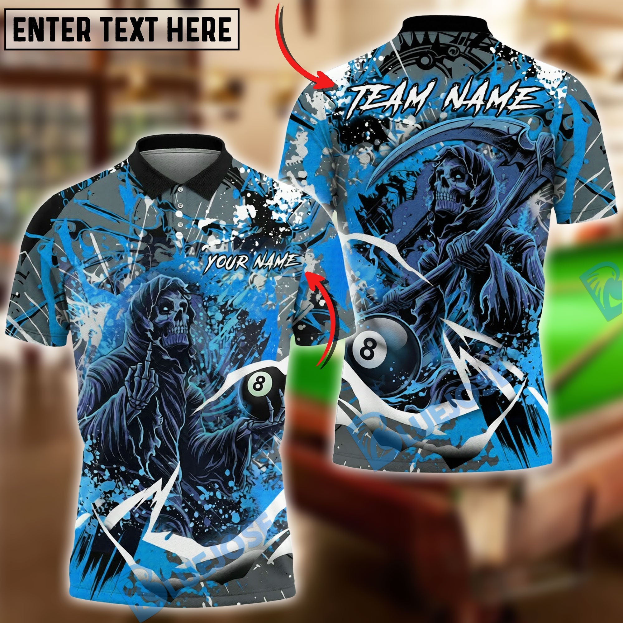 BlueJose Billiards Ball 8 Grim Reaper Paint Splash Personalized Name Shirt (4 Colors)