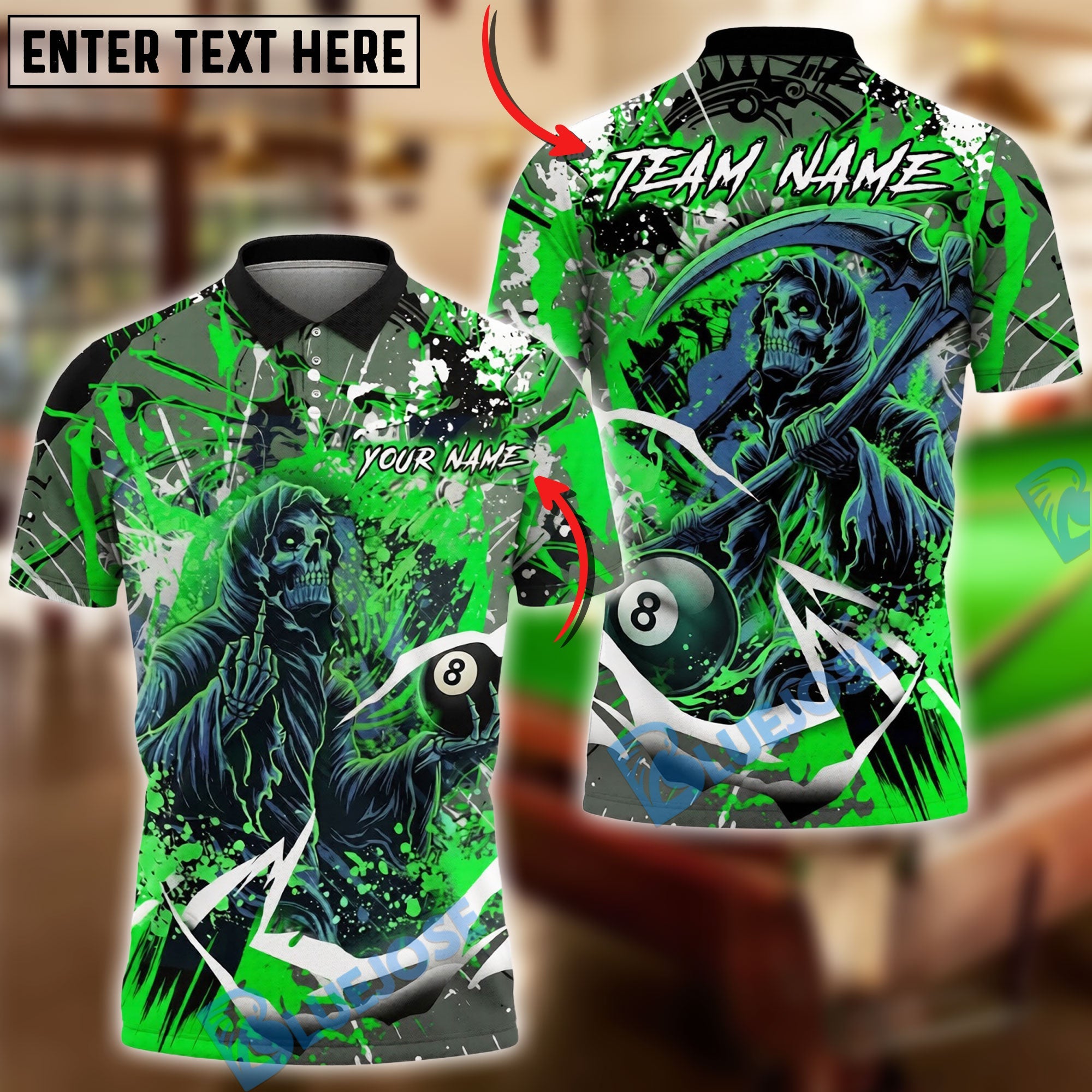 BlueJose Billiards Ball 8 Grim Reaper Paint Splash Personalized Name Shirt (4 Colors)