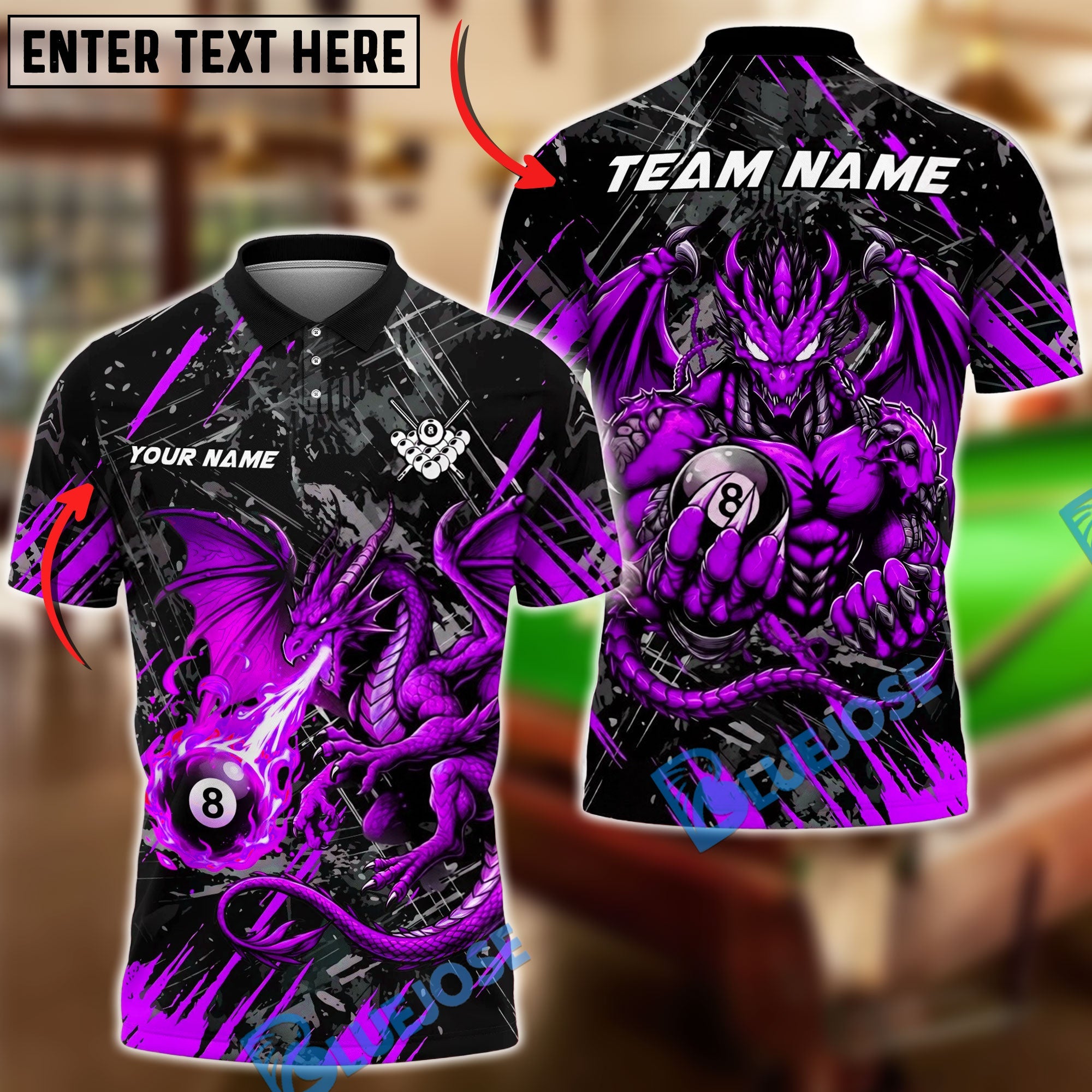 BlueJose Billiards 8 Ball Mythical Fire Dragon Personalized Name Shirt (4 Colors)