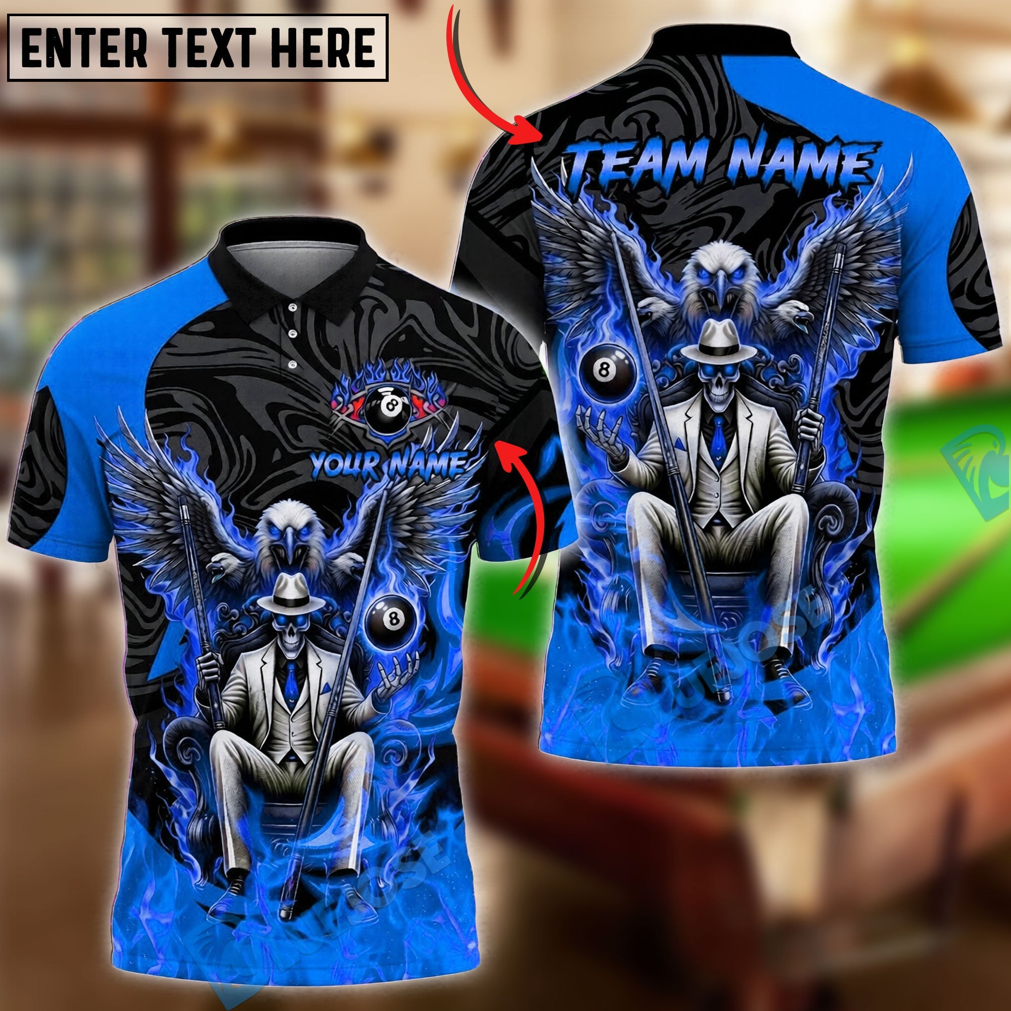 BlueJose Billiards Ball 8 Skull Eagle Flaming Mafia King Personalized Name Shirt (4 Colors)