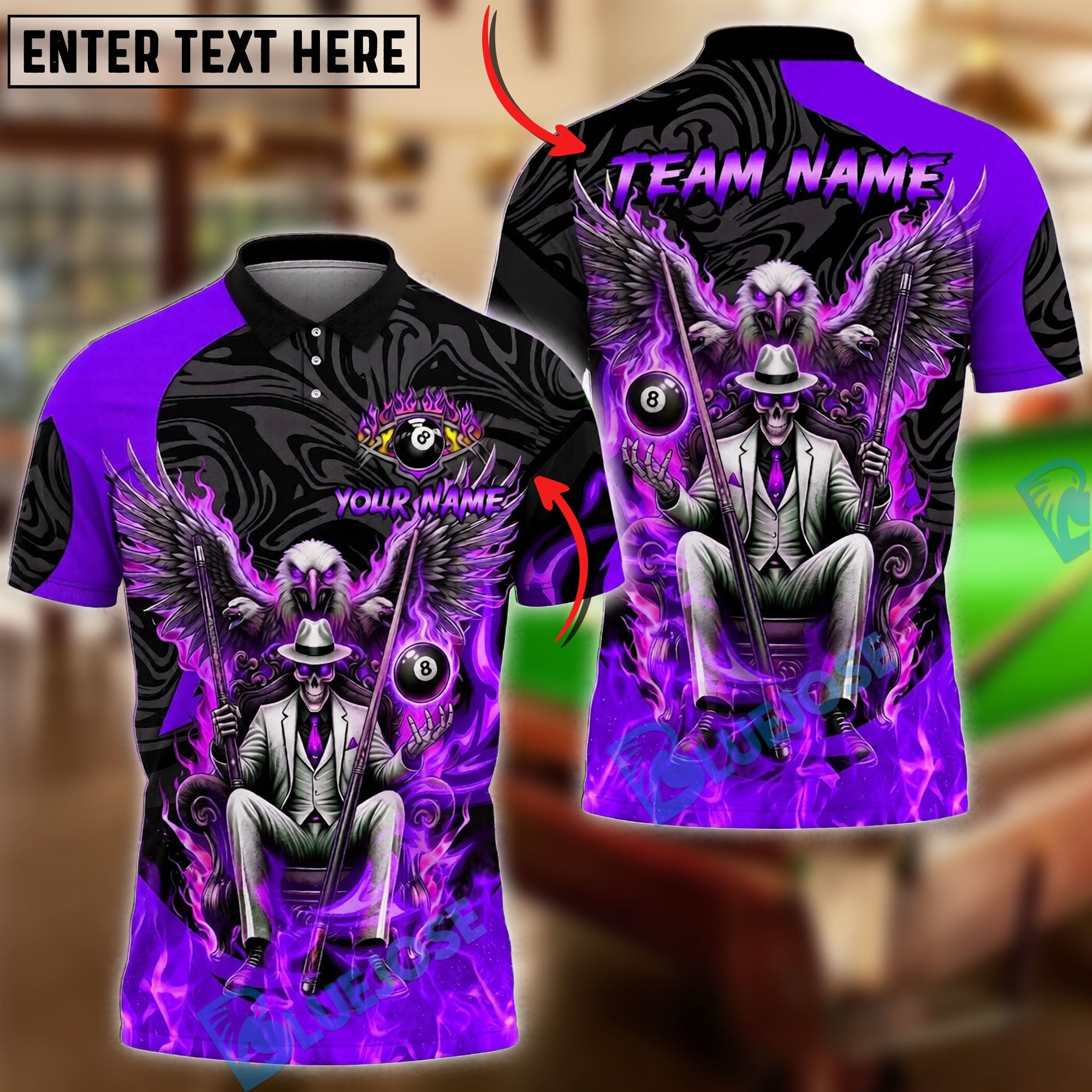 BlueJose Billiards Ball 8 Skull Eagle Flaming Mafia King Personalized Name Shirt (4 Colors)
