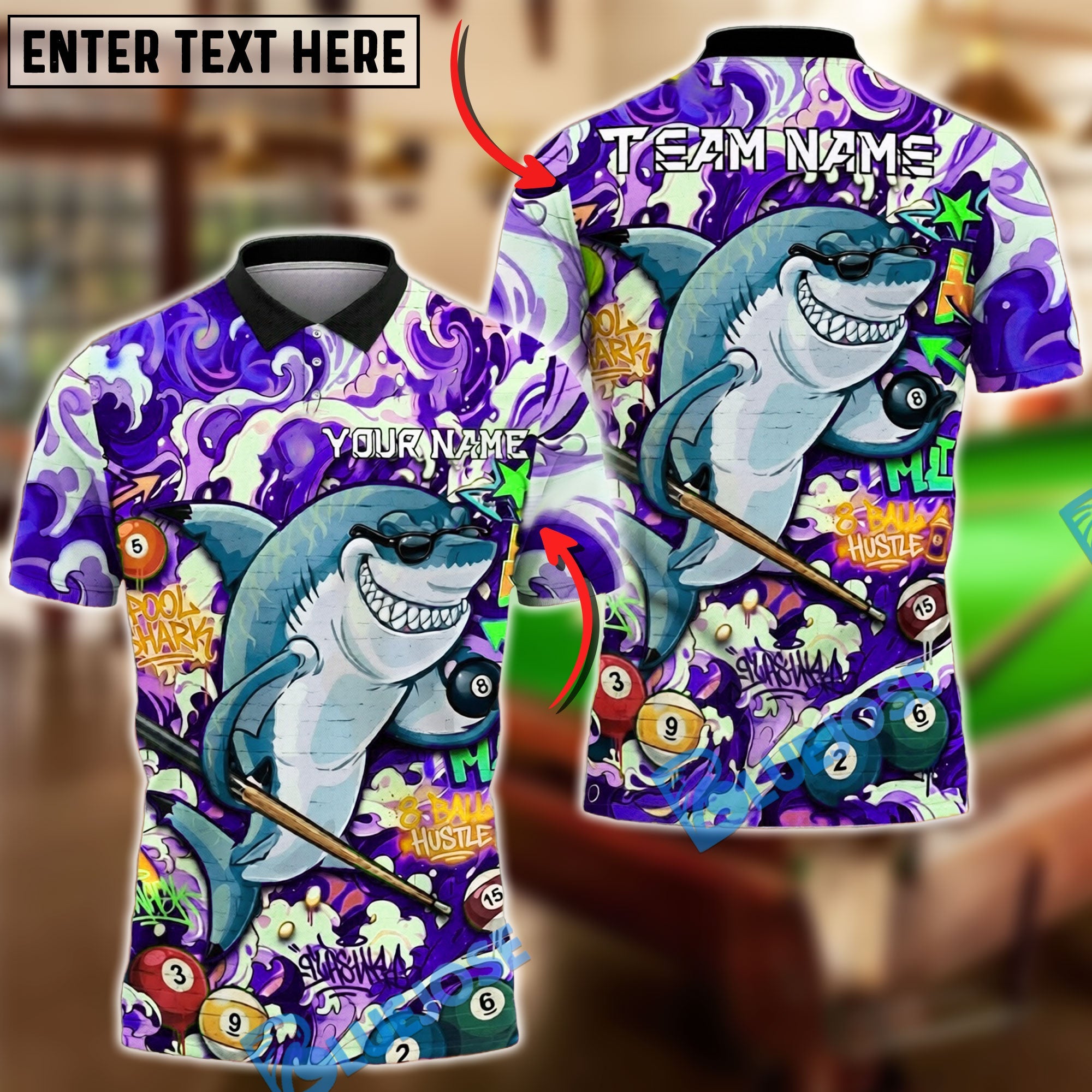 BlueJose Billiards Ball 8 Shark Pool Graffiti Splash Art Billiards Hustle Style Personalized Name Shirt (4 Colors)