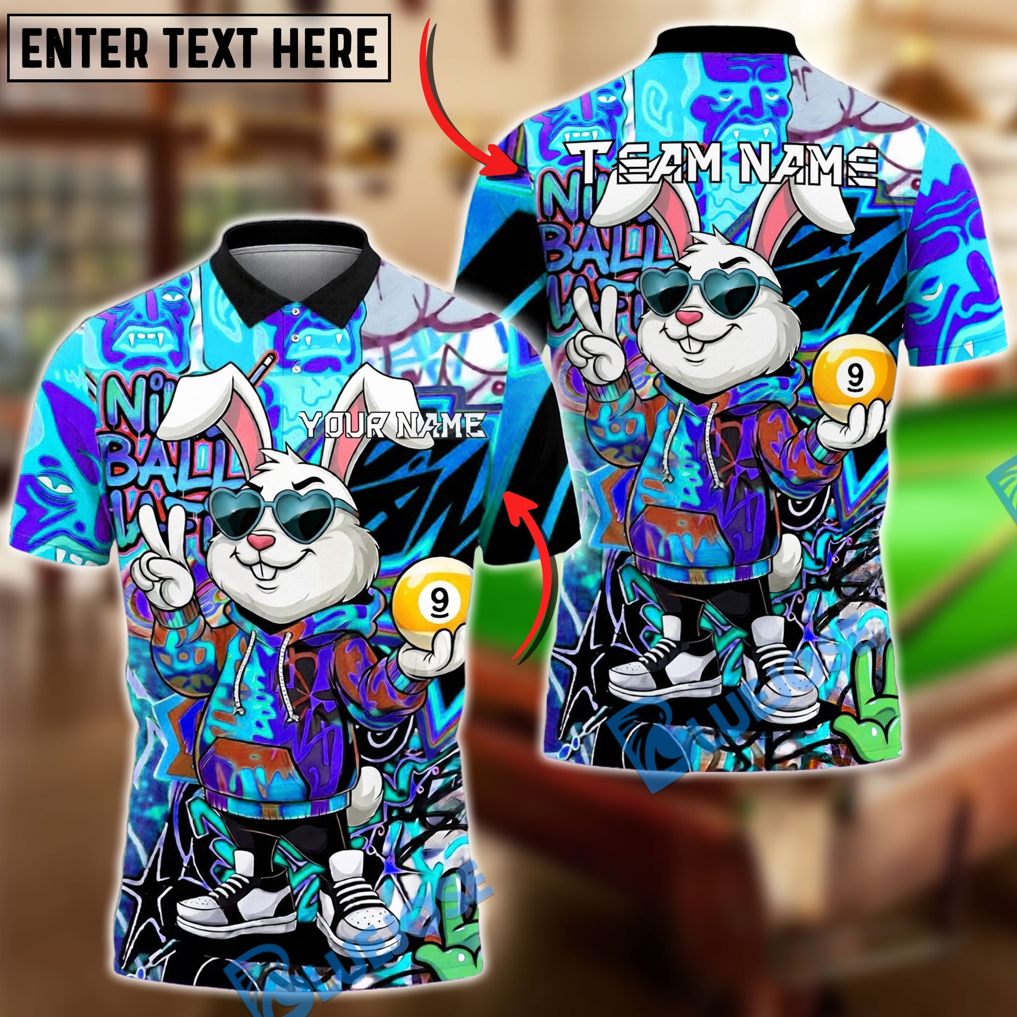 BlueJose Billiards Ball 9 Rabbit Funny Cute Graffiti Style Personalized Name Shirt (4 Colors)