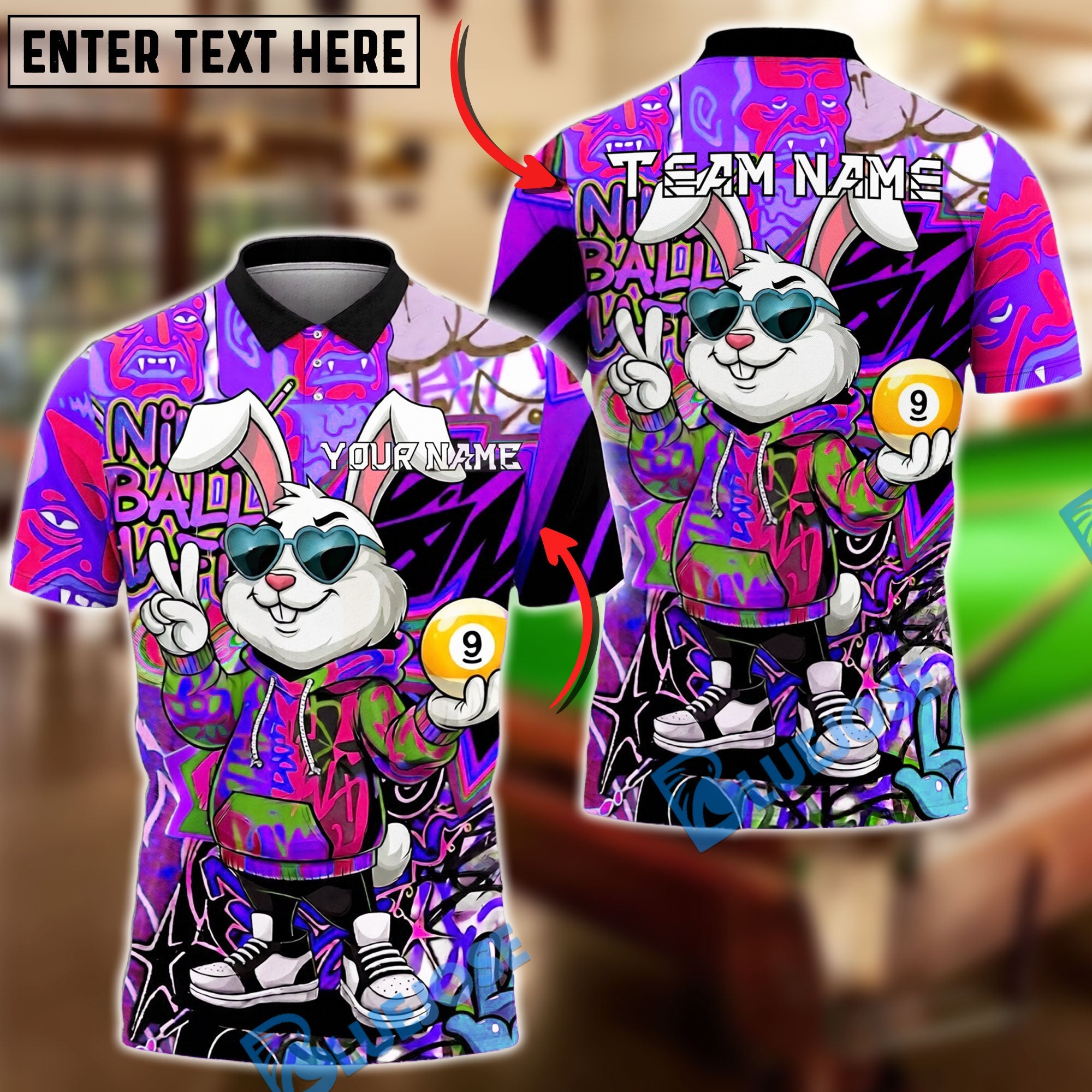 BlueJose Billiards Ball 9 Rabbit Funny Cute Graffiti Style Personalized Name Shirt (4 Colors)
