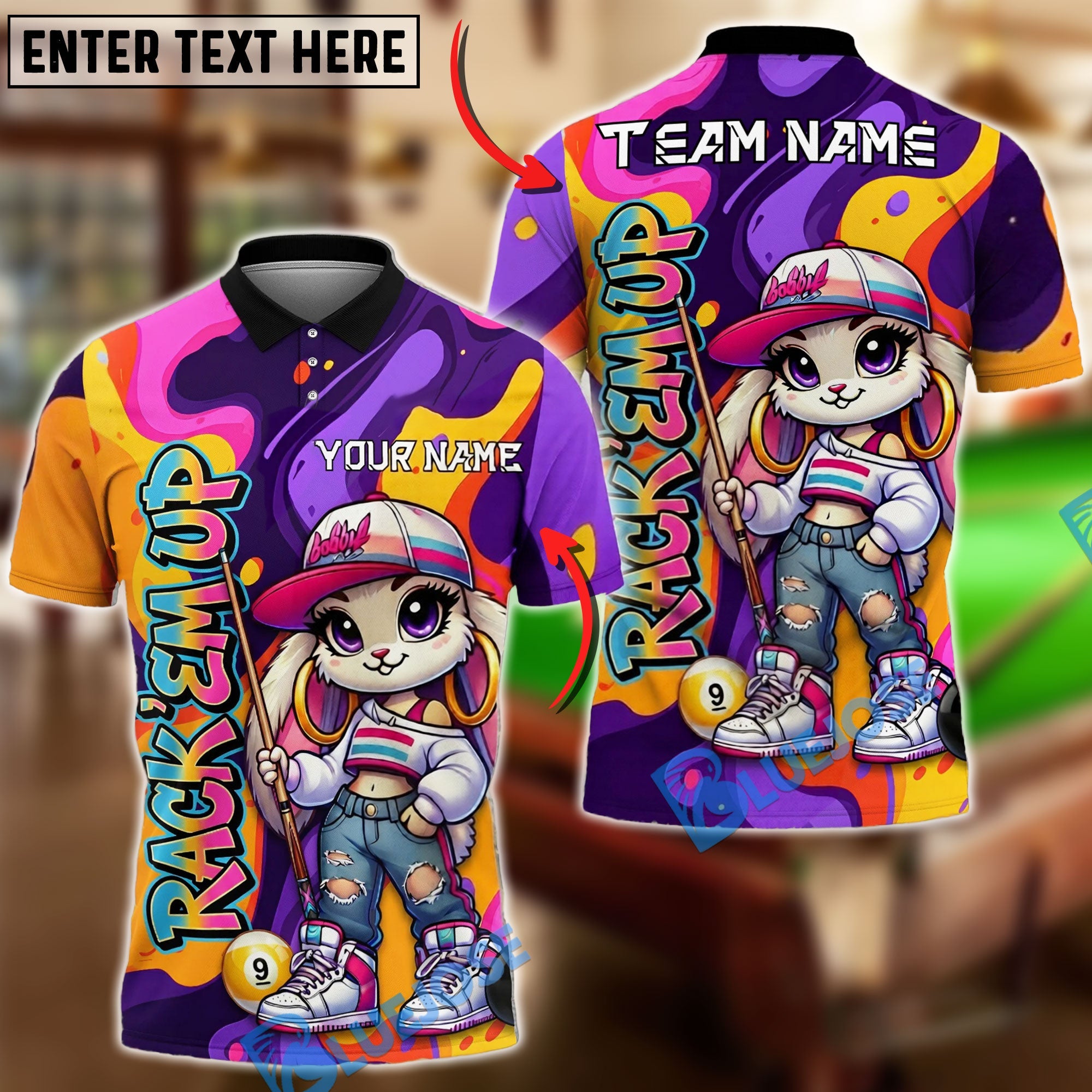 BlueJose Billiards Ball 9 Cute Rabbit Girl Colorful Graffiti Personalized Name Shirt (4 Colors)