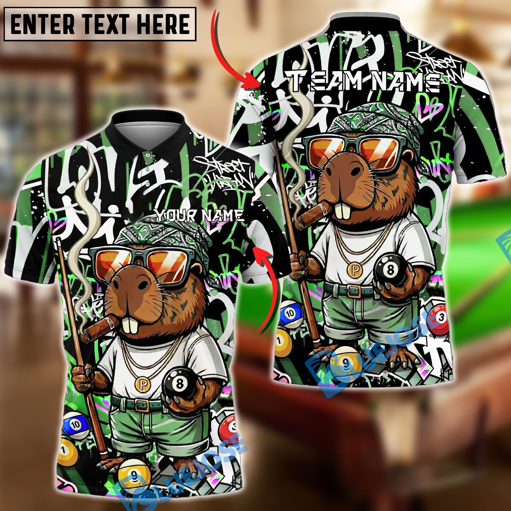 BlueJose Billiards Ball 8  Capybara Funny Gangster Graffiti Style Personalized Name Shirt (4 Colors)