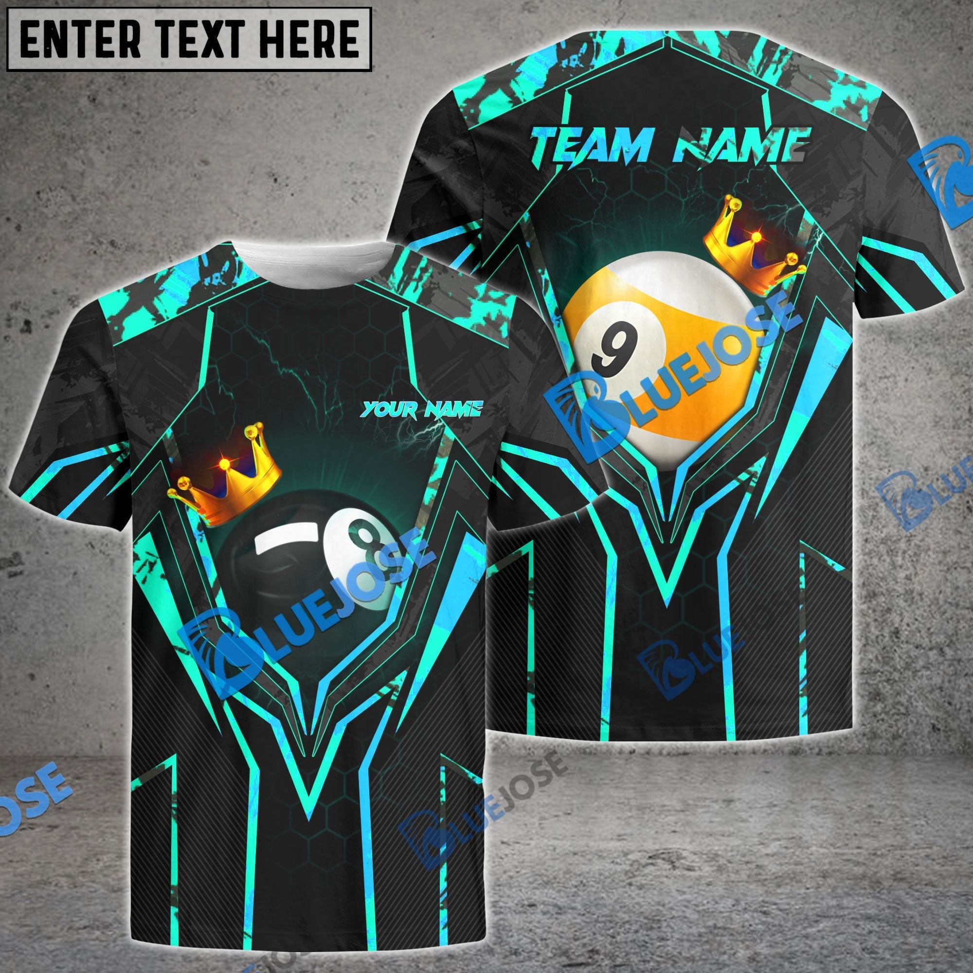 BlueJose Billiards King 8 Ball & 9 Ball Personalized Name, Team Name Shirt (4 Colors)