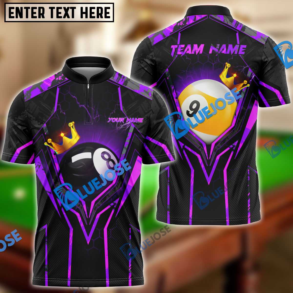 BlueJose Billiards King 8 Ball & 9 Ball Personalized Name, Team Name Shirt (4 Colors)