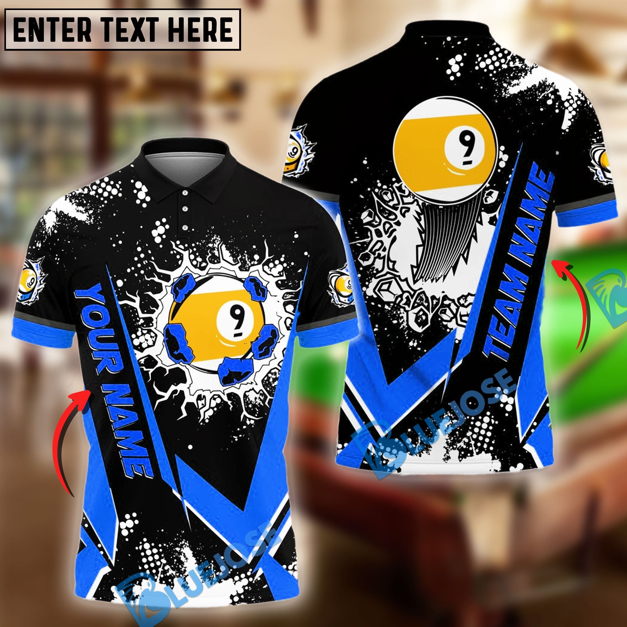 BlueJose Billiards Ball 9 Wall Break Personalized Name & Team Name Shirt (4 Colors)