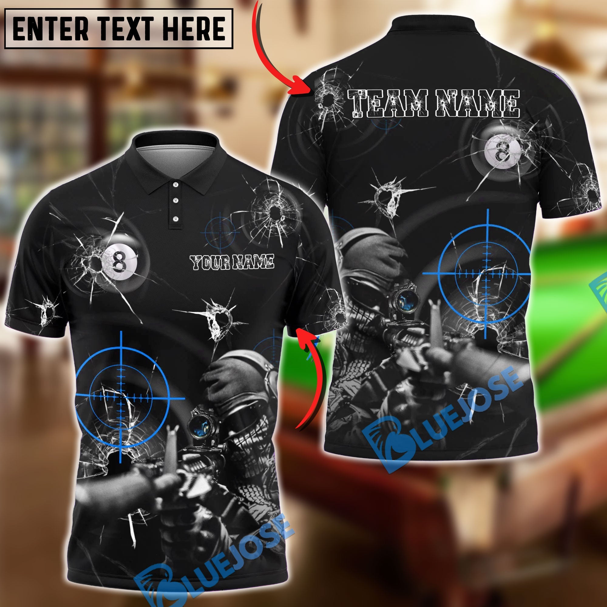 BlueJose Billiards 8-Ball Shooting Aim Sniper Customized Name, Team Name 3D Shirt (4 Colors)