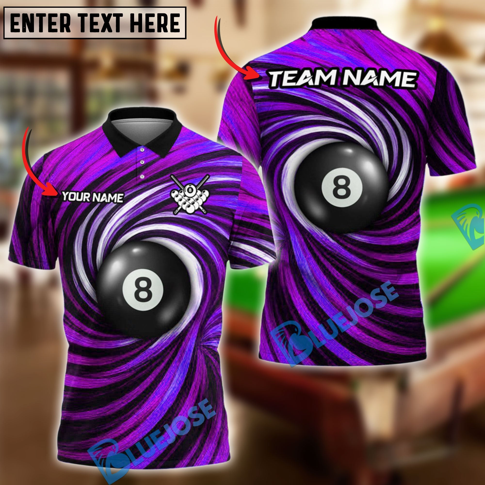 BlueJose Billiards Ball 8 Spinning Wave Personalized Name Shirt (4 Colors)