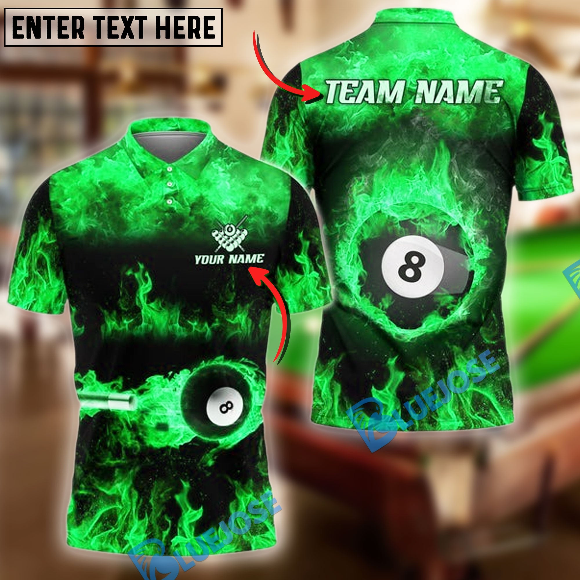 BlueJose Billiards Ball 8 Flame Pattern Personalized Name, Team Name Shirt (6 Colors)