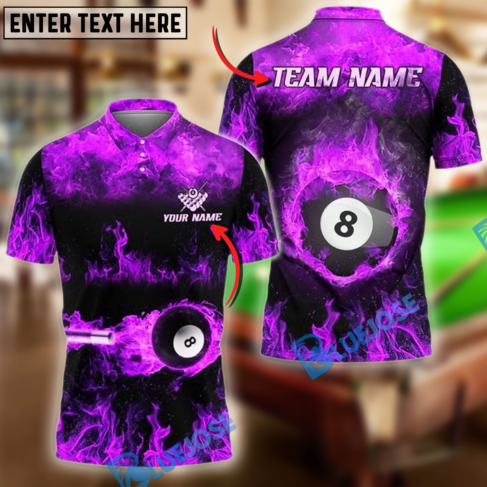 BlueJose Billiards Ball 8 Flame Pattern Personalized Name, Team Name Shirt (6 Colors)