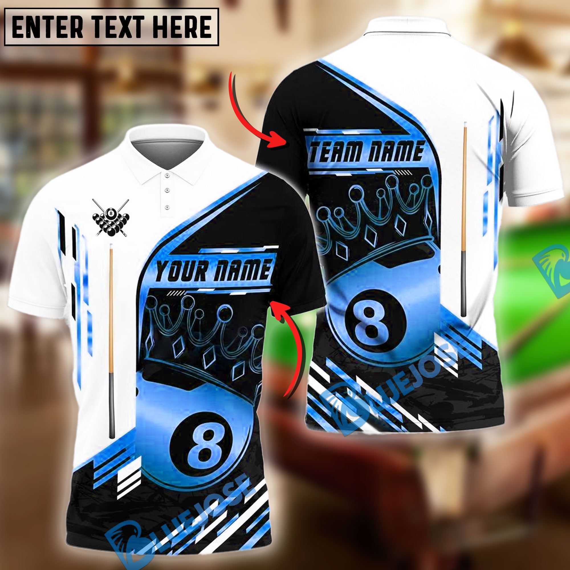 BlueJose Billiards 8-Ball Pool Champion Golden Personalized Name & Team Name Shirt (4 Colors)
