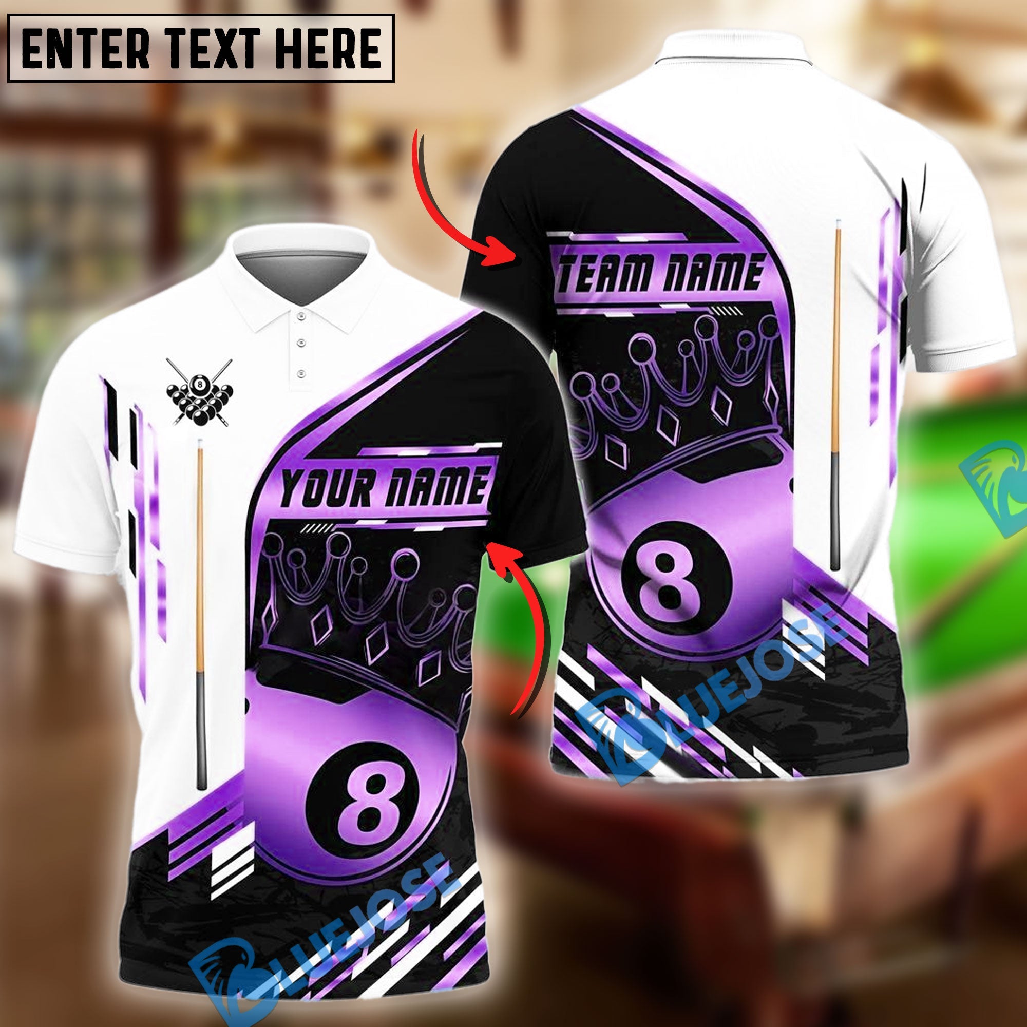 BlueJose Billiards 8-Ball Pool Champion Golden Personalized Name & Team Name Shirt (4 Colors)