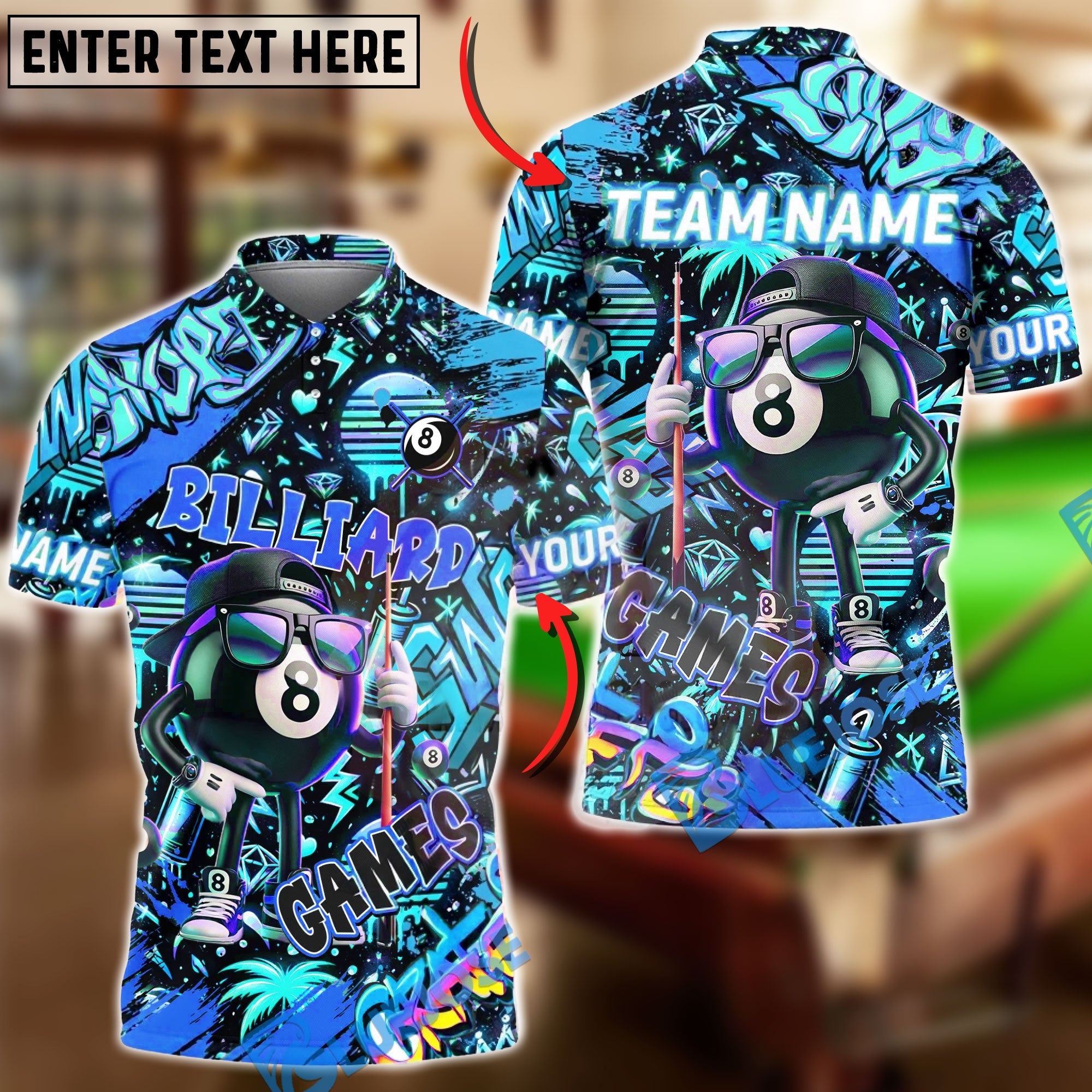 BlueJose Billiards 8-Ball Graffiti Game Character Personalized Name Shirt (4 Colors)